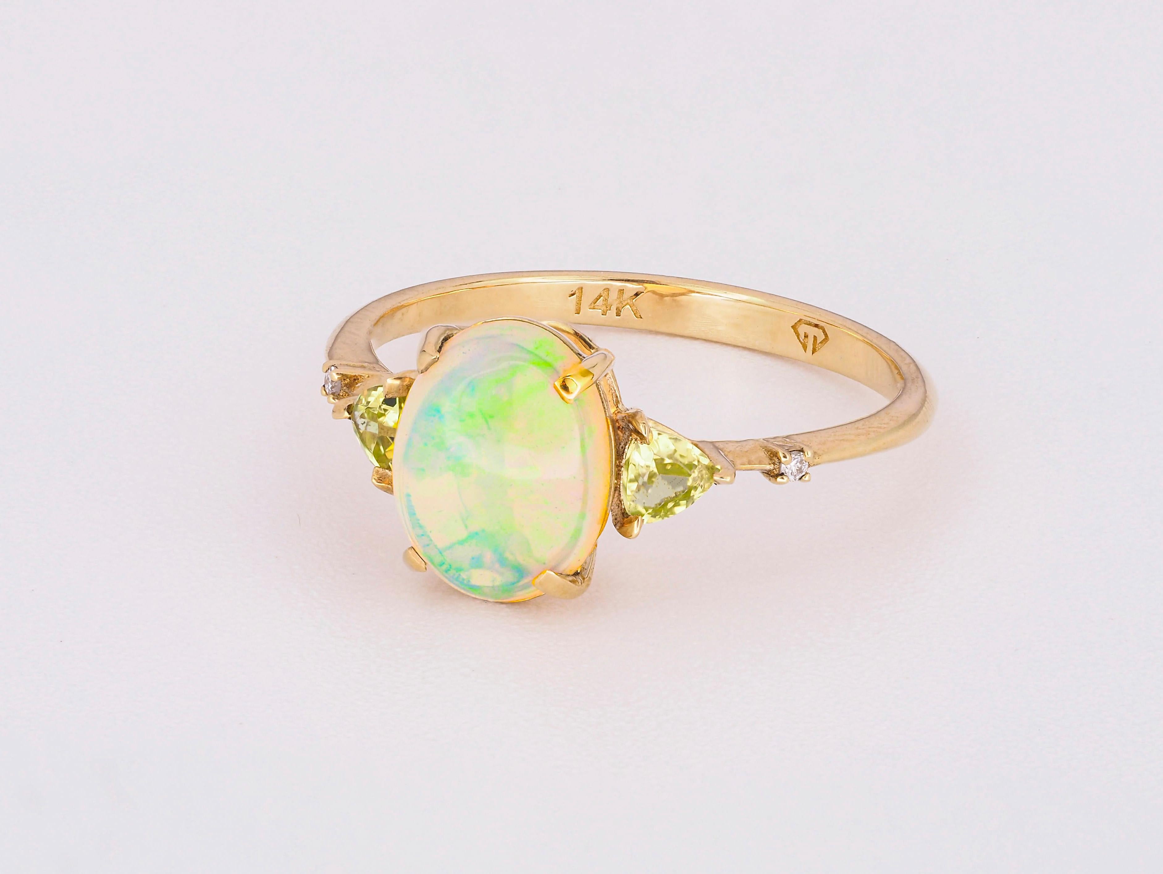 For Sale:  14k Gold Ring with Opal, Diamonds and Peridots 2