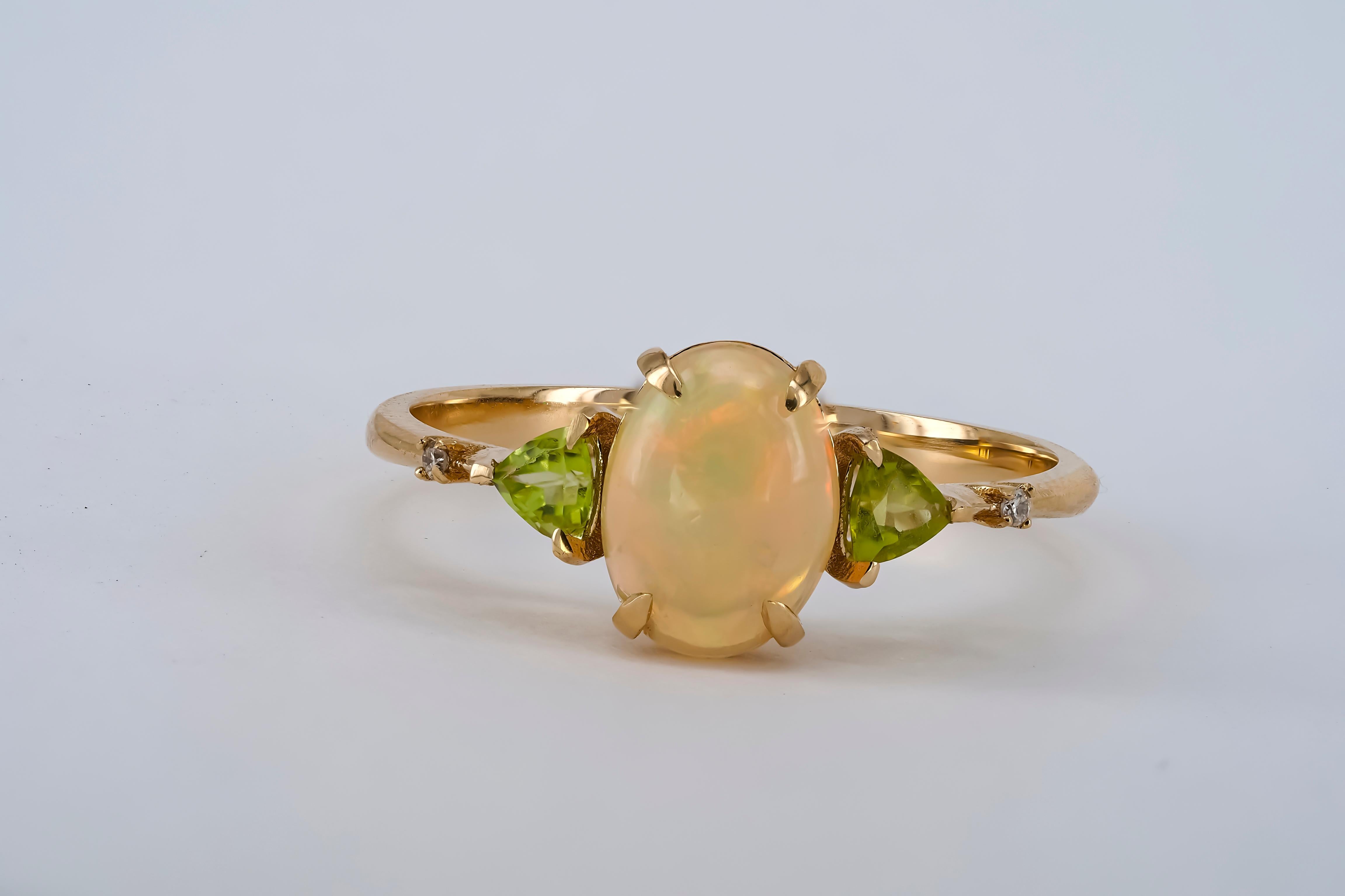 For Sale:  14k Gold Ring with Opal, Diamonds and Peridots 7