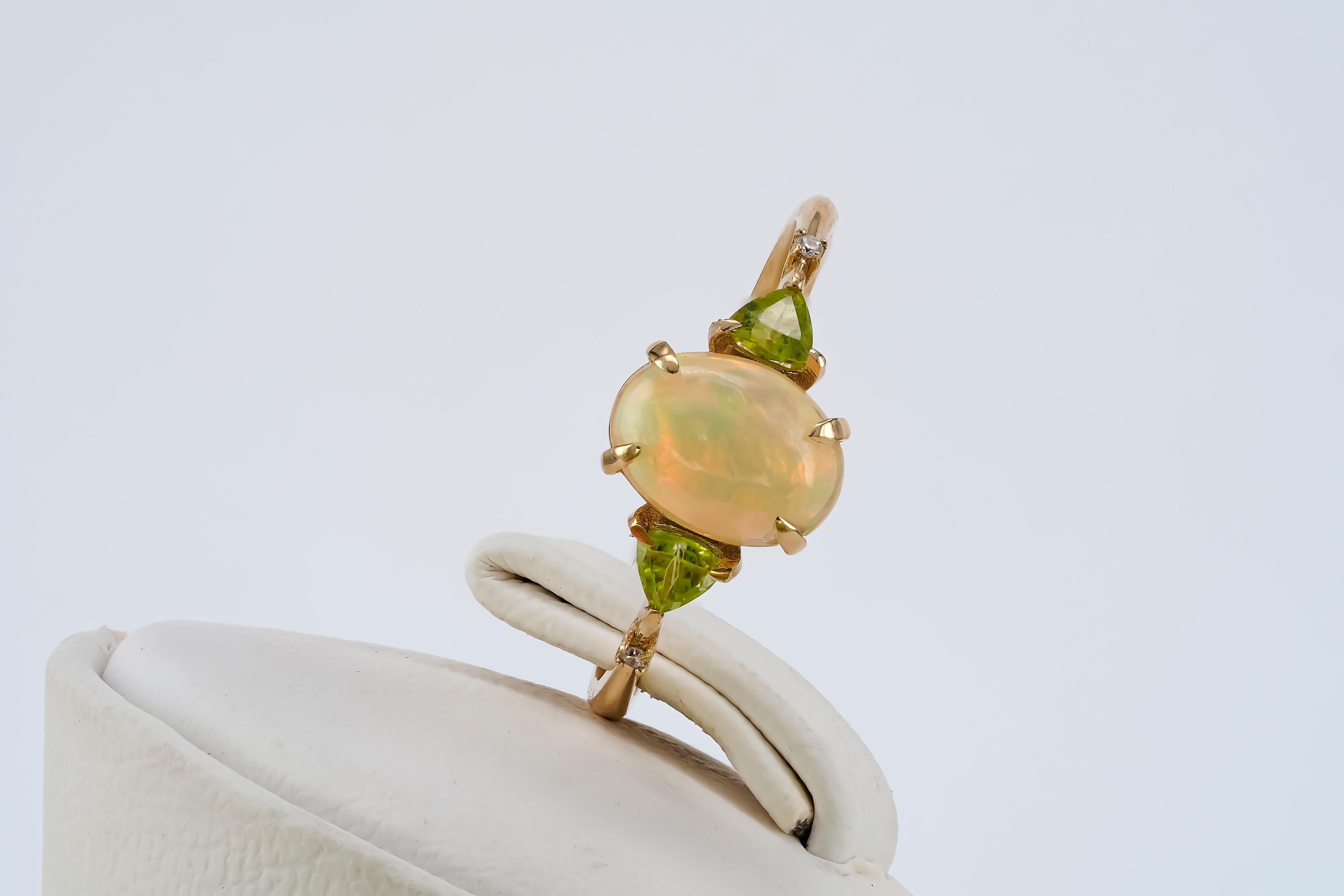 For Sale:  14k Gold Ring with Opal, Diamonds and Peridots 8
