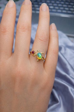 Anillo de Oro de 14k con Ópalo, Rubí y Diamantes, Anillo Tortuga