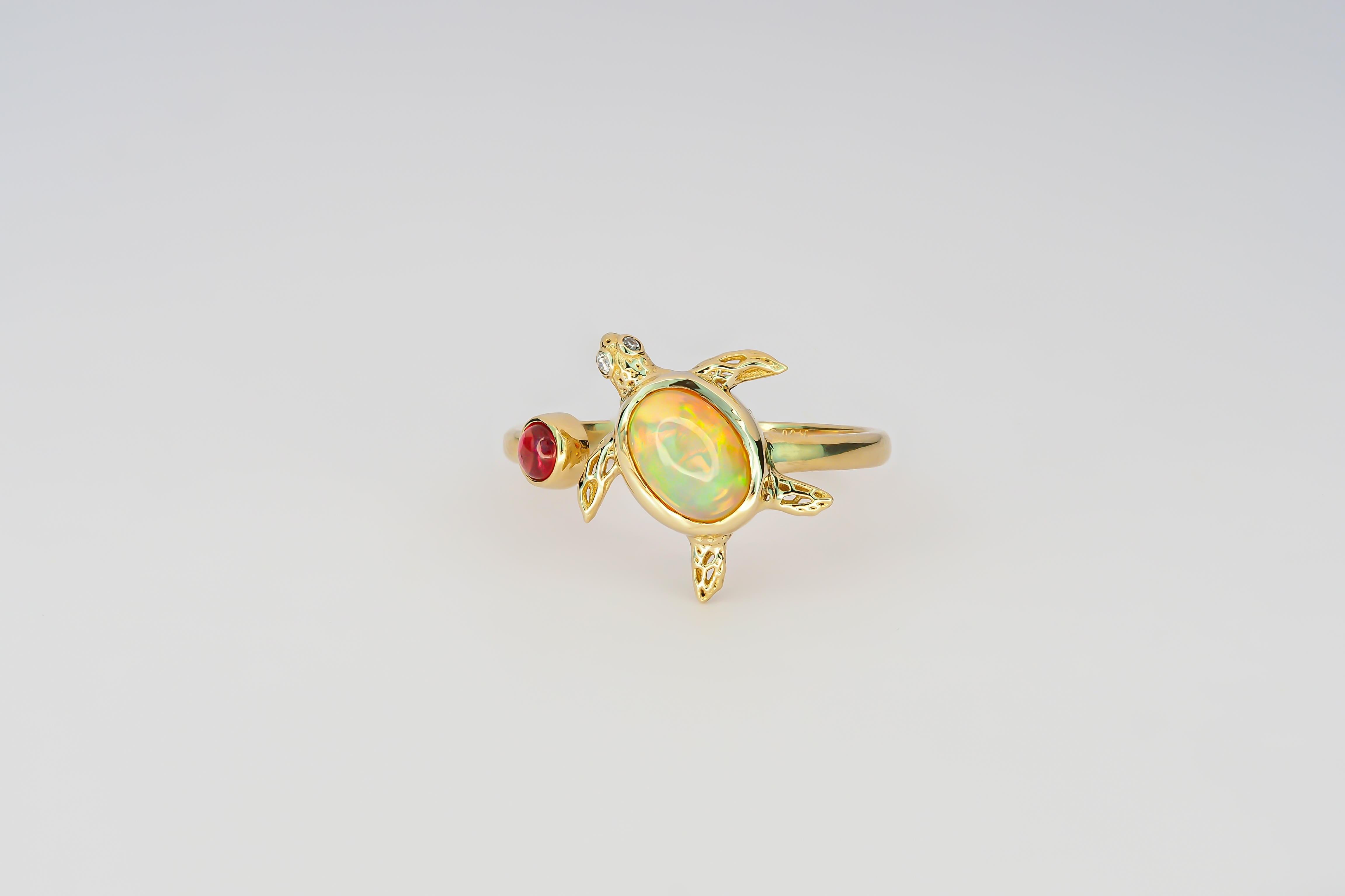 For Sale:  14k Gold Ring with Opal, Ruby and Diamonds, Turtle Ring! 2