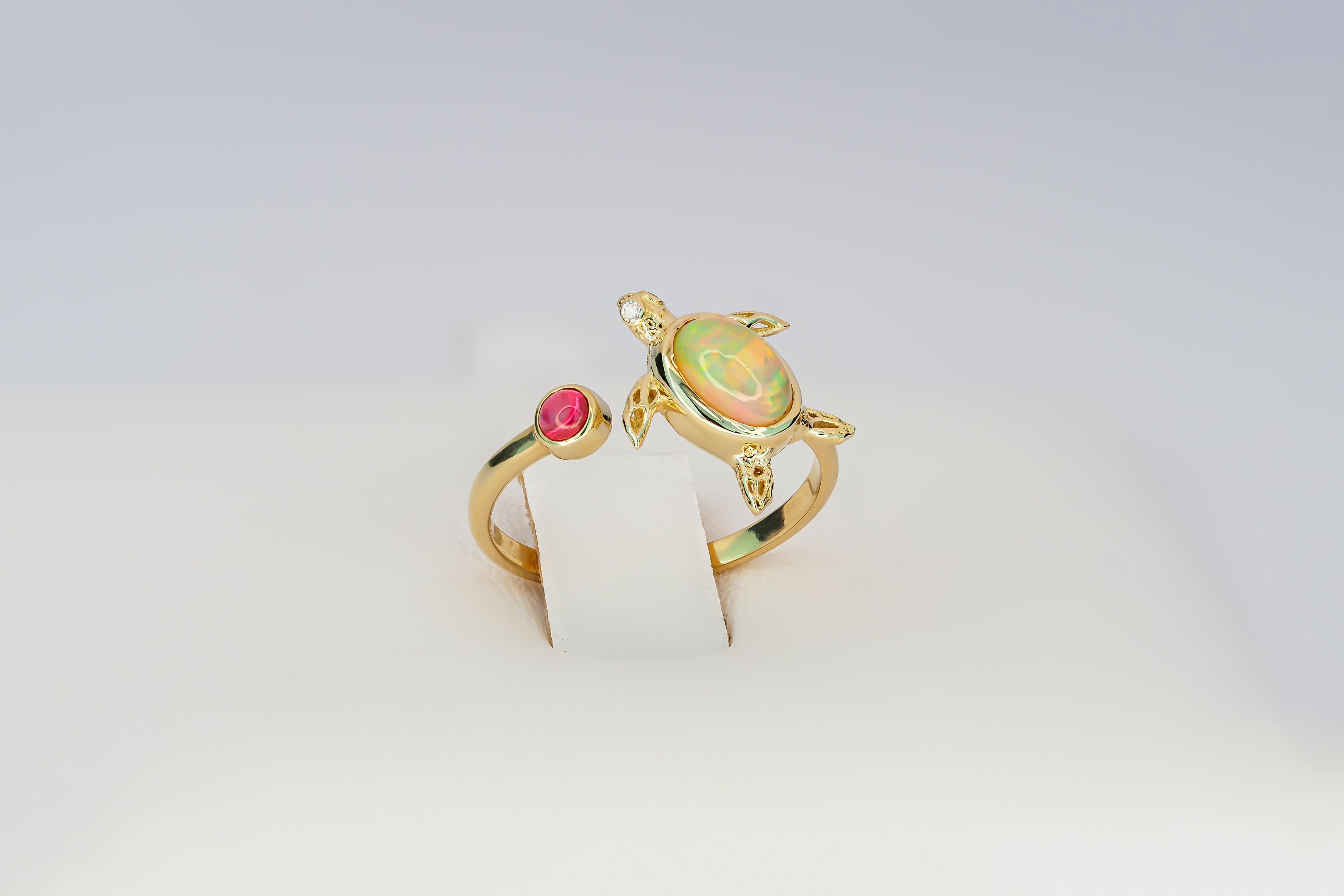 For Sale:  14k Gold Ring with Opal, Ruby and Diamonds, Turtle Ring! 3