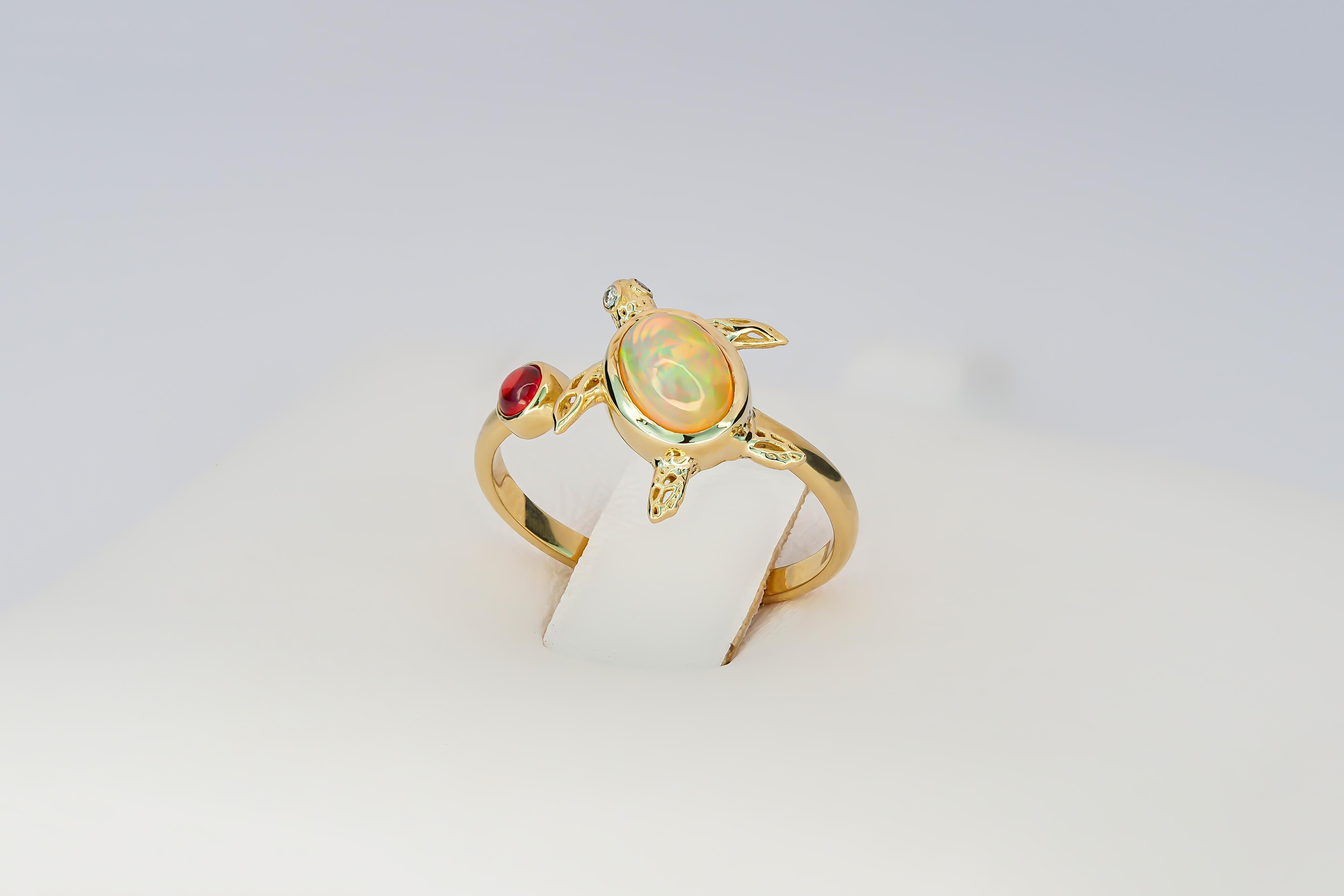 For Sale:  14k Gold Ring with Opal, Ruby and Diamonds, Turtle Ring! 4