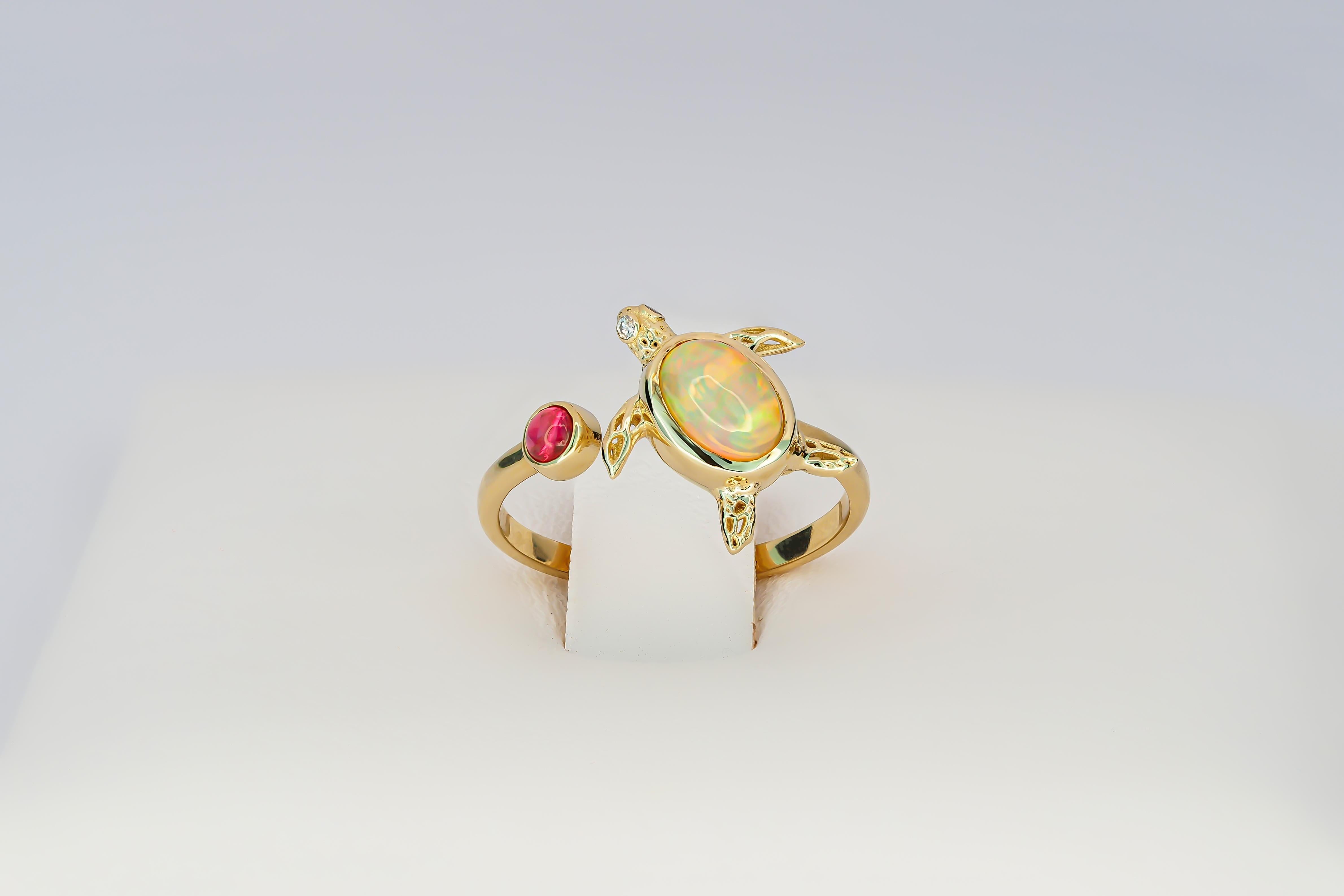 For Sale:  14k Gold Ring with Opal, Ruby and Diamonds, Turtle Ring 5