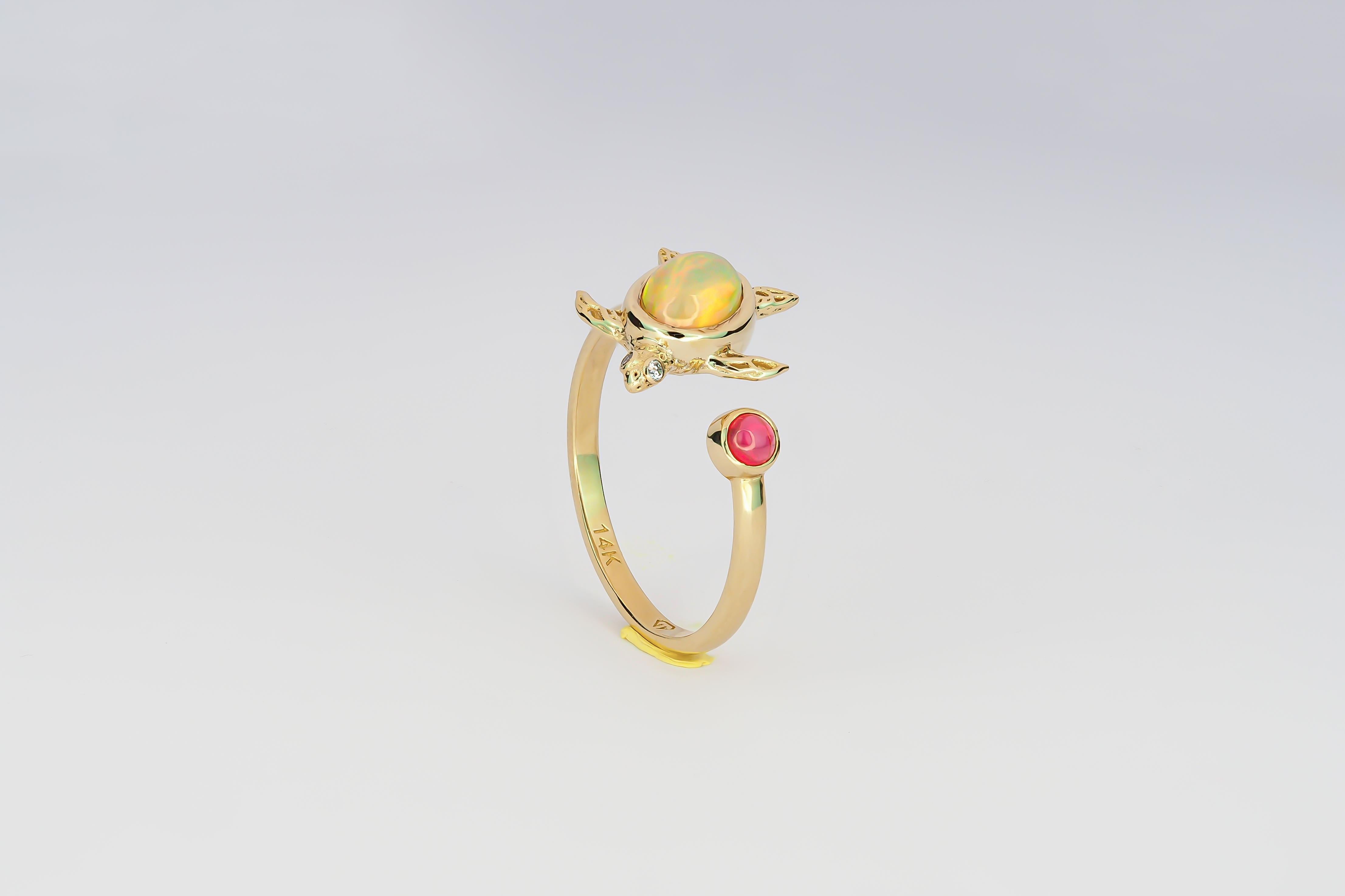 For Sale:  14k Gold Ring with Opal, Ruby and Diamonds, Turtle Ring! 6