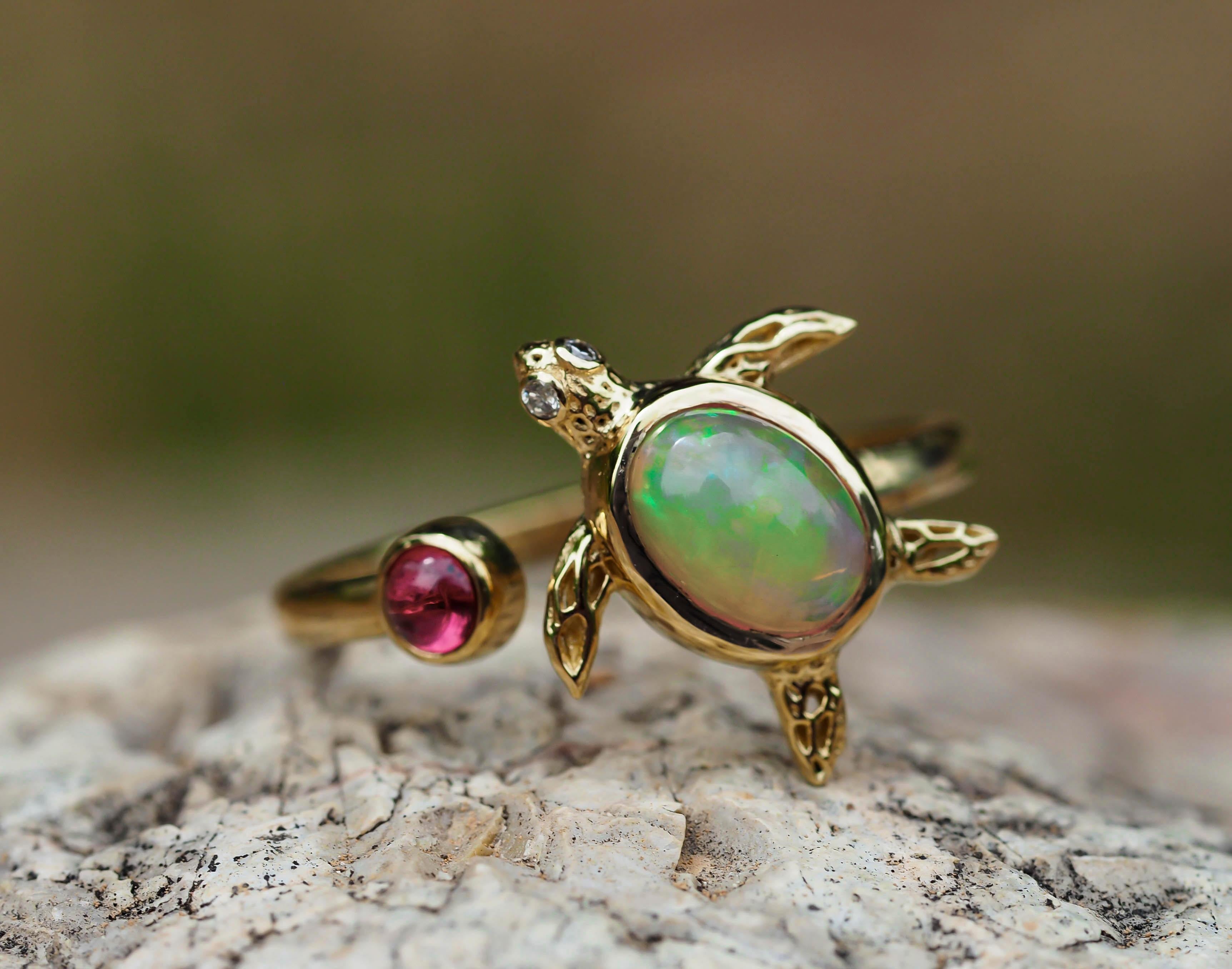 For Sale:  14k Gold Ring with Opal, Ruby and Diamonds, Turtle Ring 8