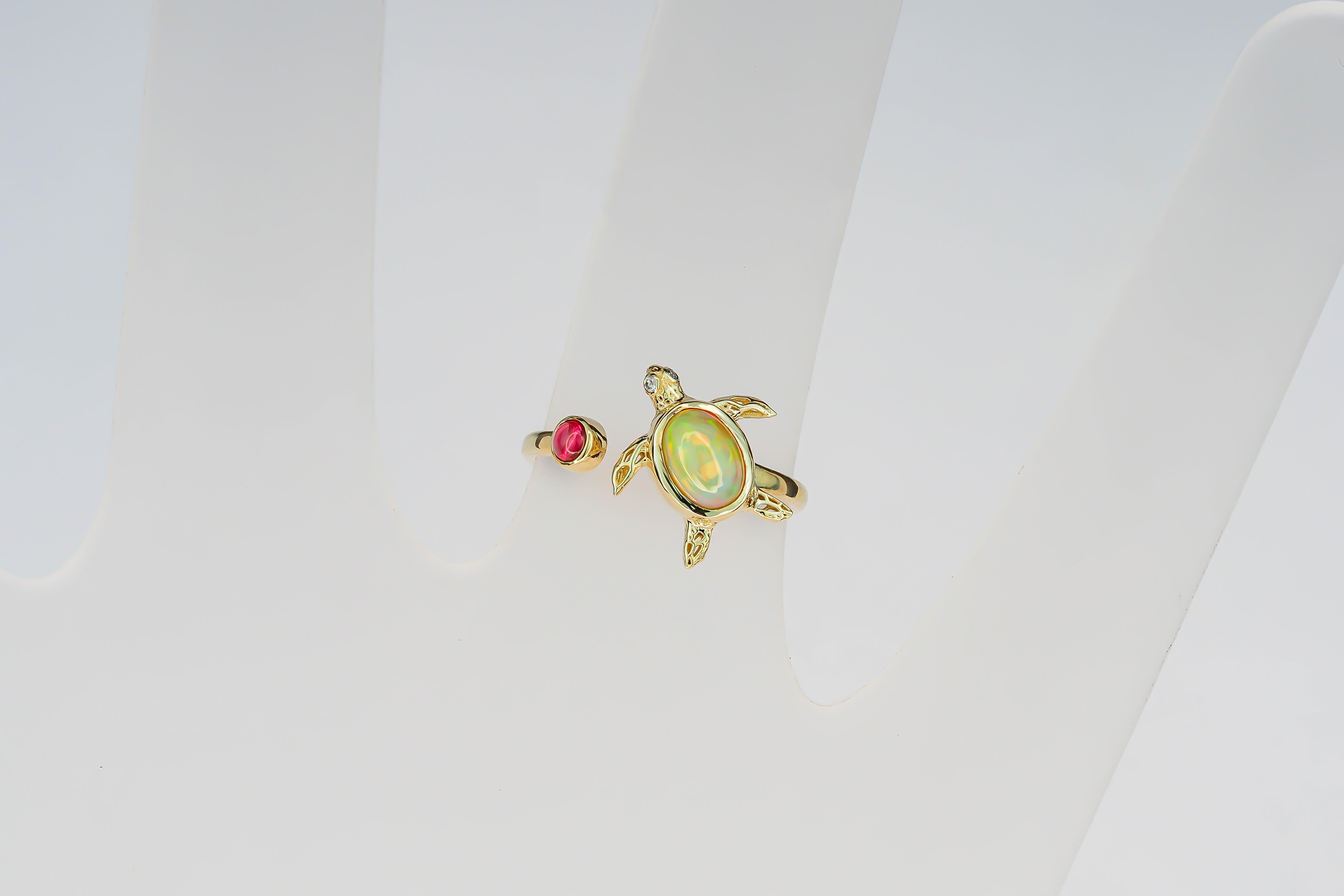 For Sale:  14k Gold Ring with Opal, Ruby and Diamonds, Turtle Ring 7