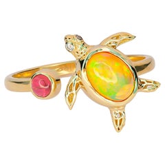 14k Gold Ring with Opal, Ruby and Diamonds, Turtle Ring