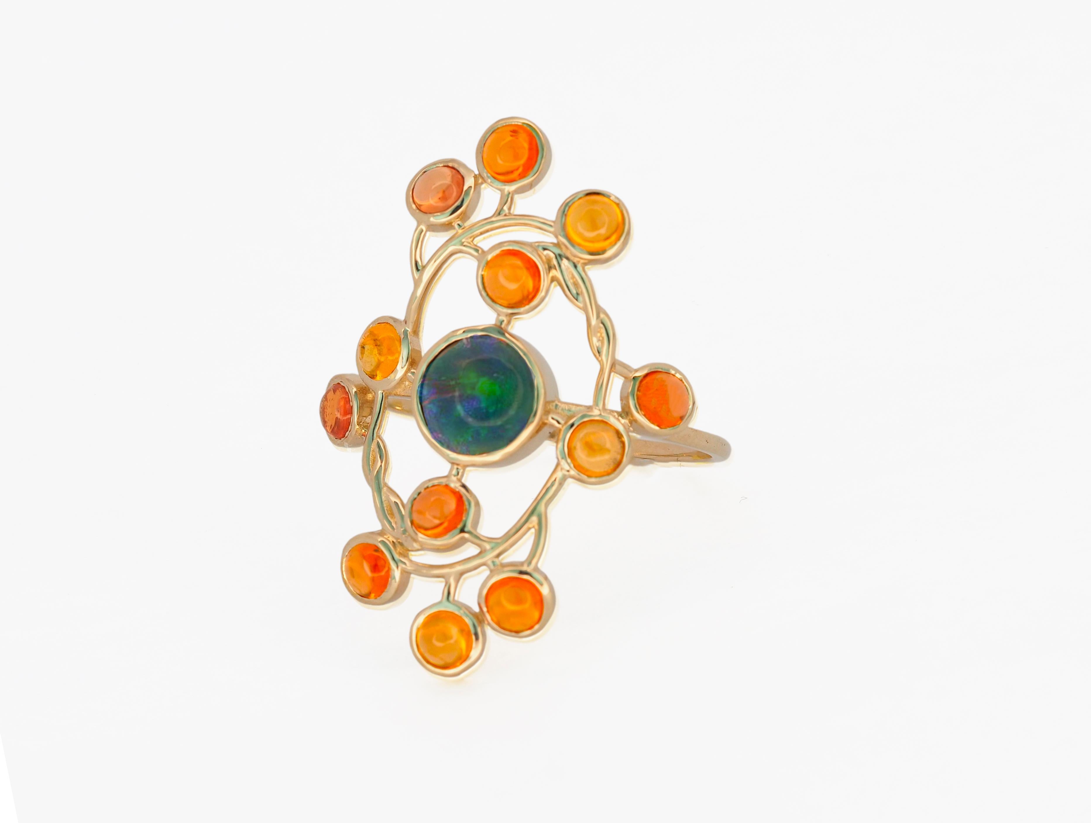14k gold ring with Opal, Sapphires.  In New Condition For Sale In Istanbul, TR