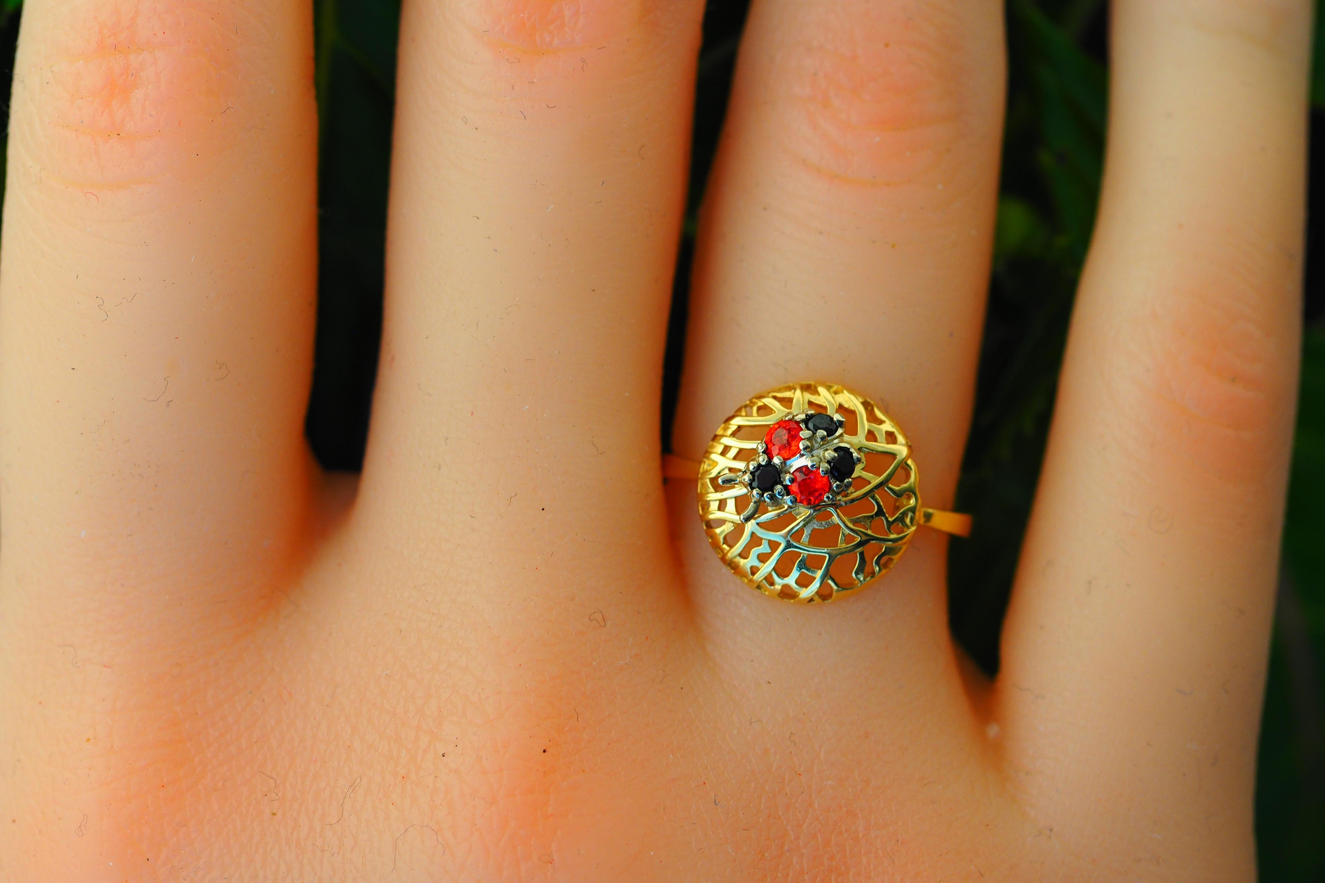 For Sale:  14 karat Gold Ring with Sapphires, Spinels. Ladybug gold Ring. 10