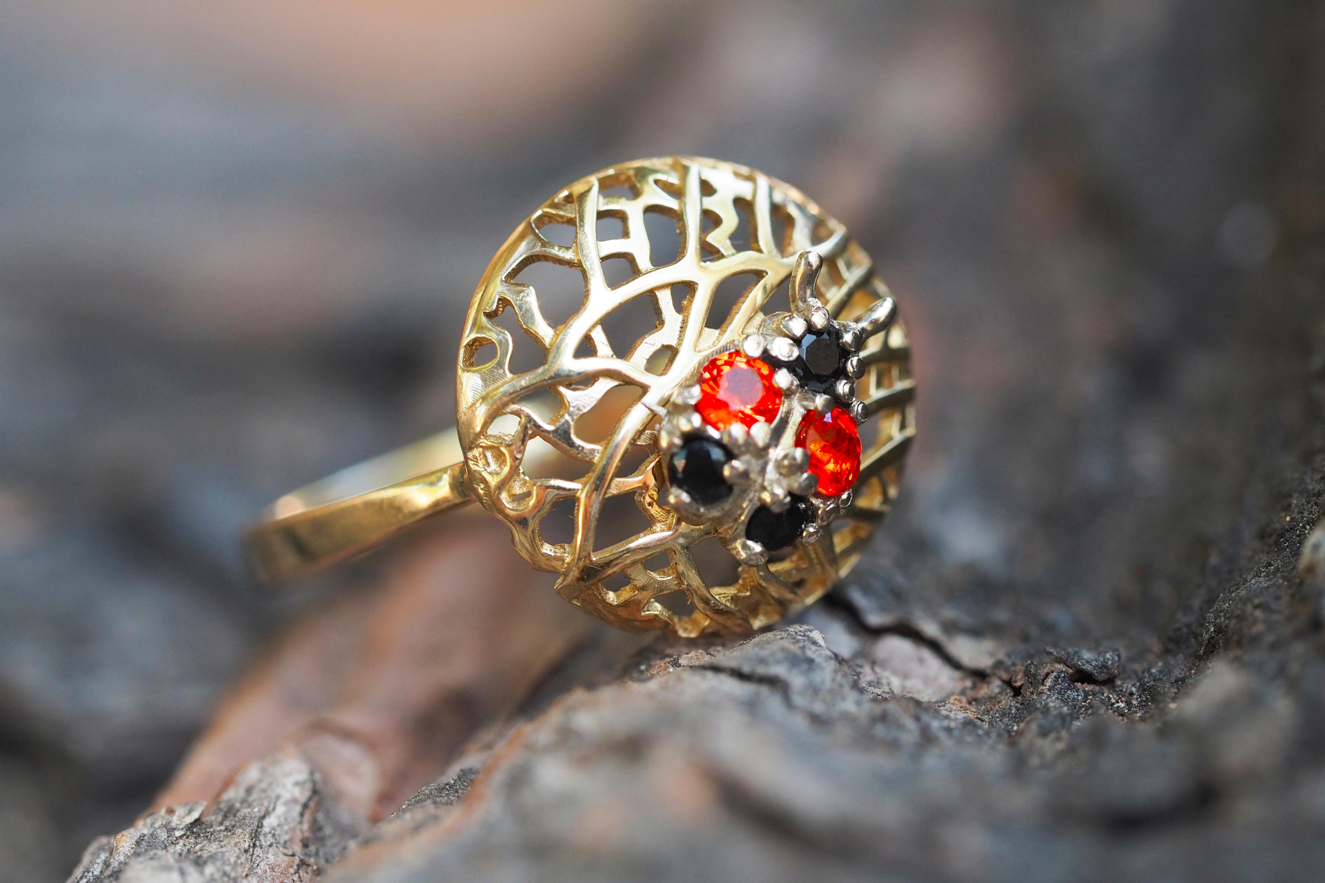 For Sale:  14 karat Gold Ring with Sapphires, Spinels. Ladybug gold Ring. 11