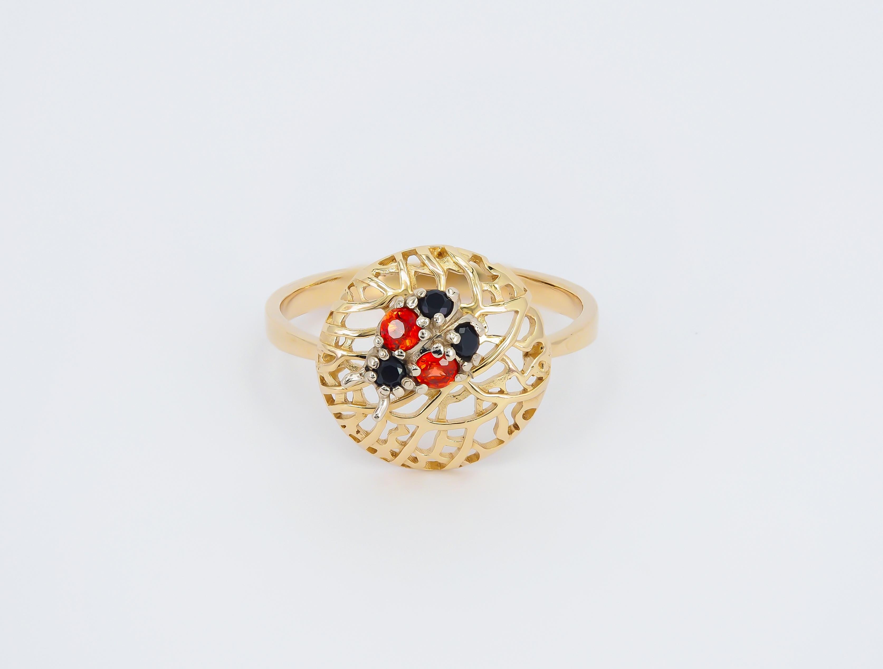 For Sale:  14 karat Gold Ring with Sapphires, Spinels. Ladybug gold Ring. 2