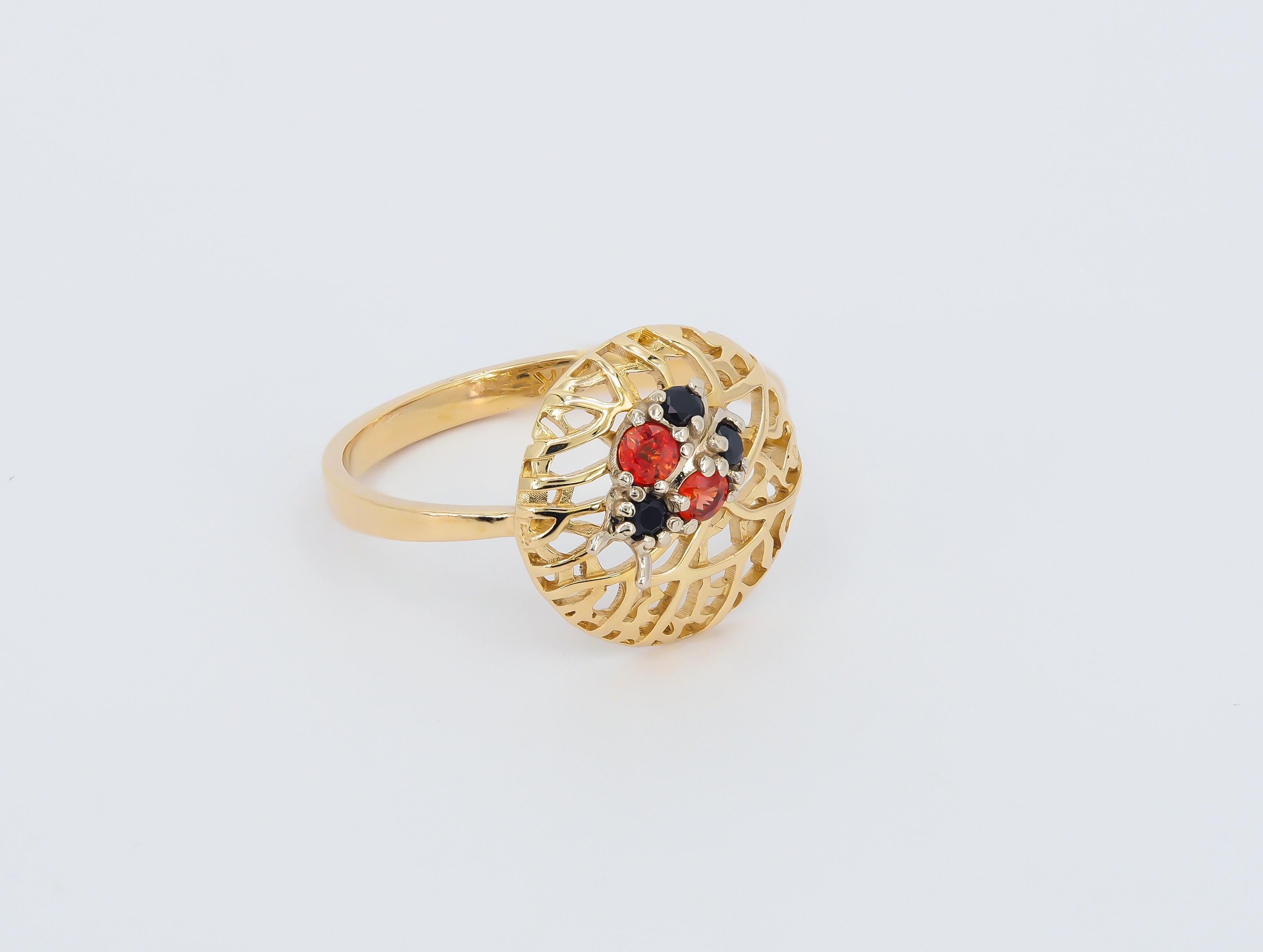 For Sale:  14 karat Gold Ring with Sapphires, Spinels. Ladybug gold Ring. 3