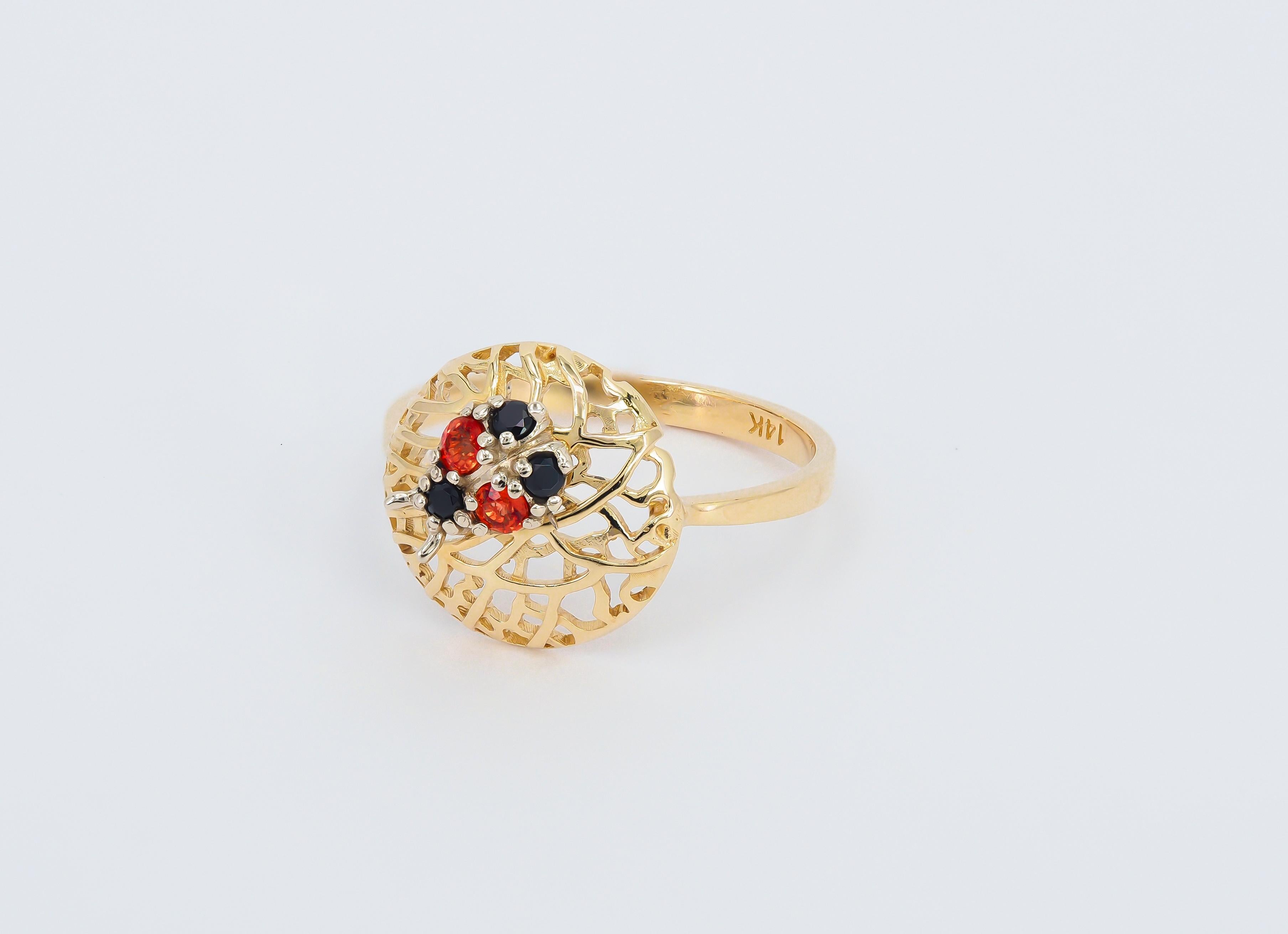 For Sale:  14 karat Gold Ring with Sapphires, Spinels. Ladybug gold Ring. 4