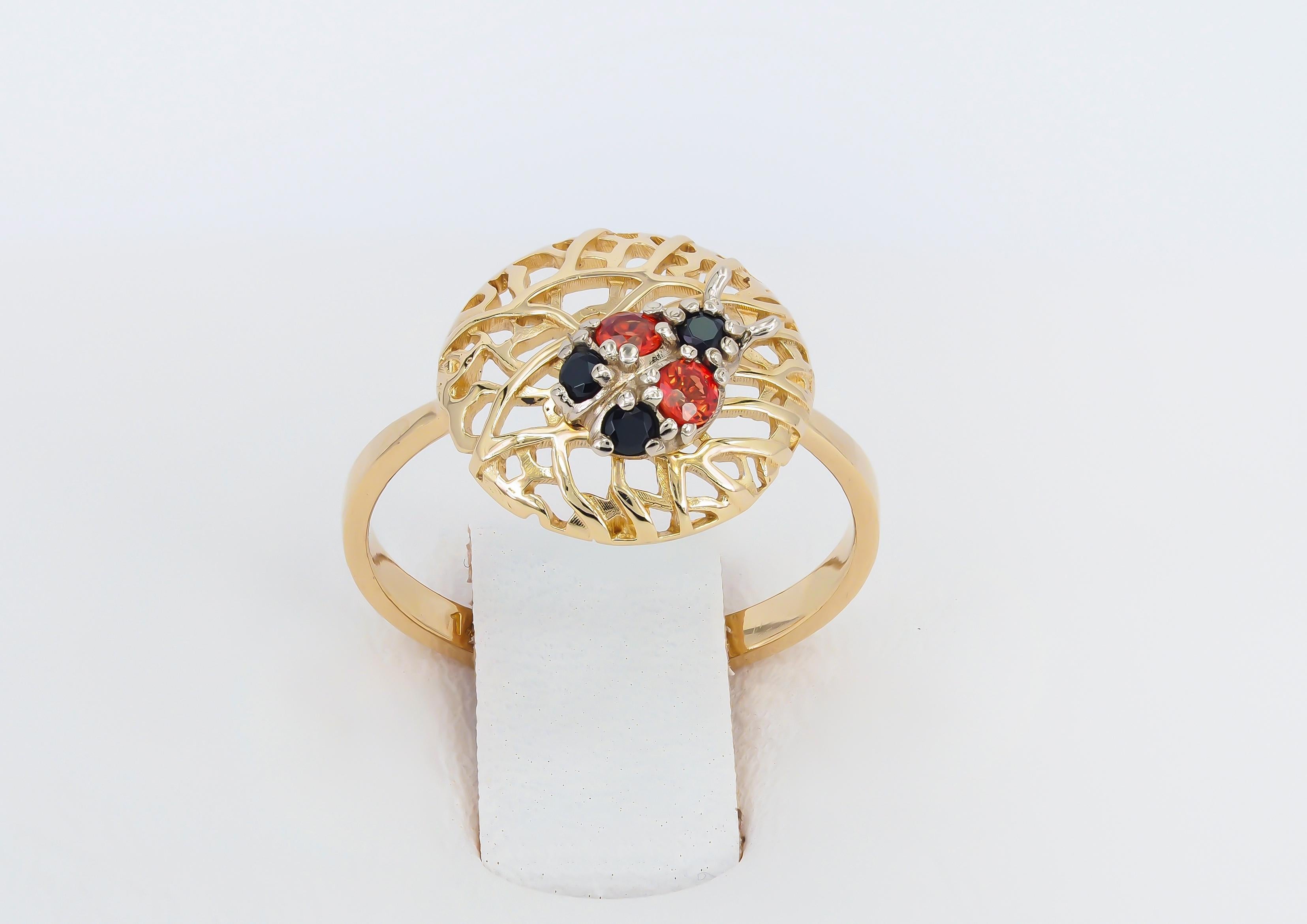 For Sale:  14 karat Gold Ring with Sapphires, Spinels. Ladybug gold Ring. 5