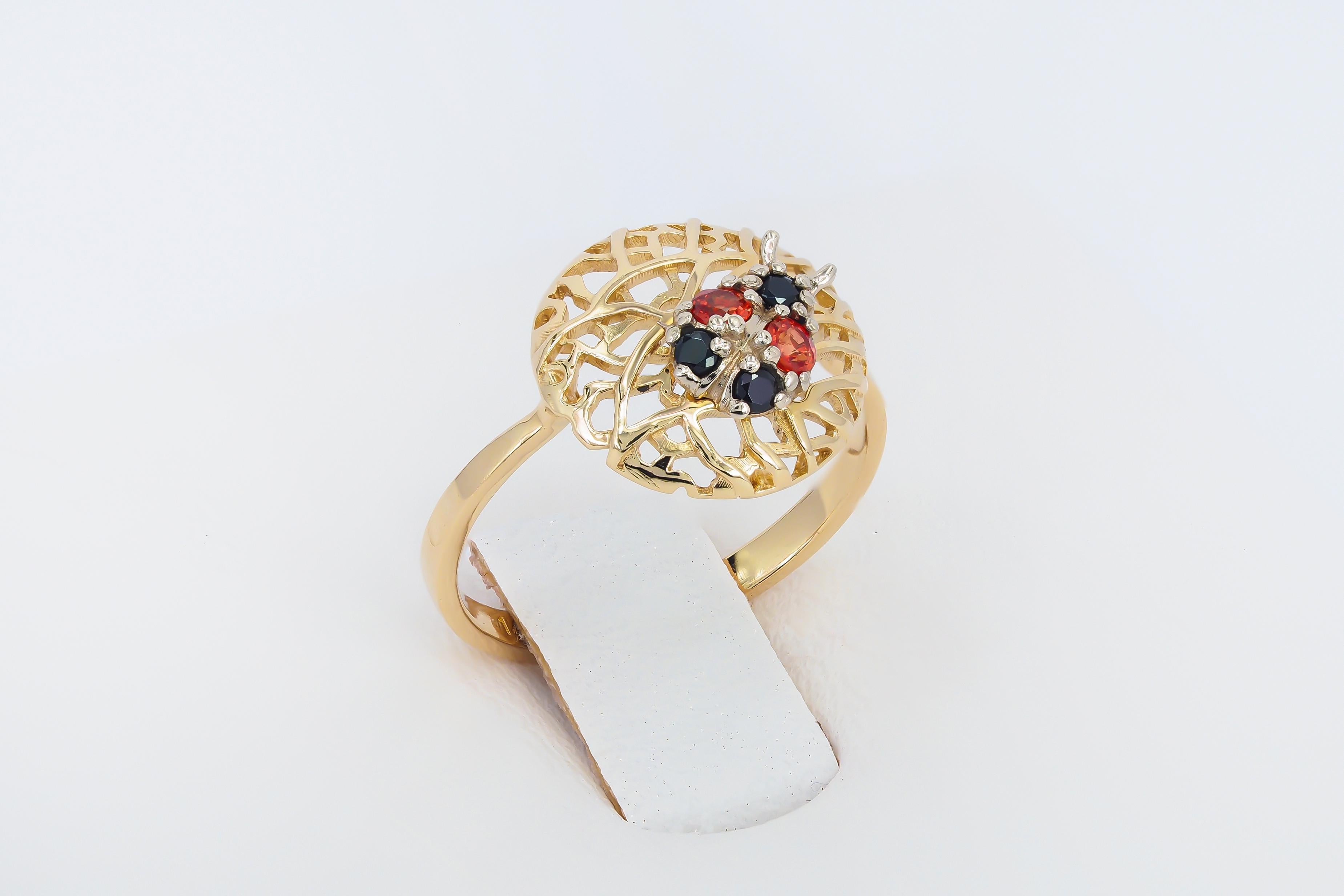 For Sale:  14 karat Gold Ring with Sapphires, Spinels. Ladybug gold Ring. 6