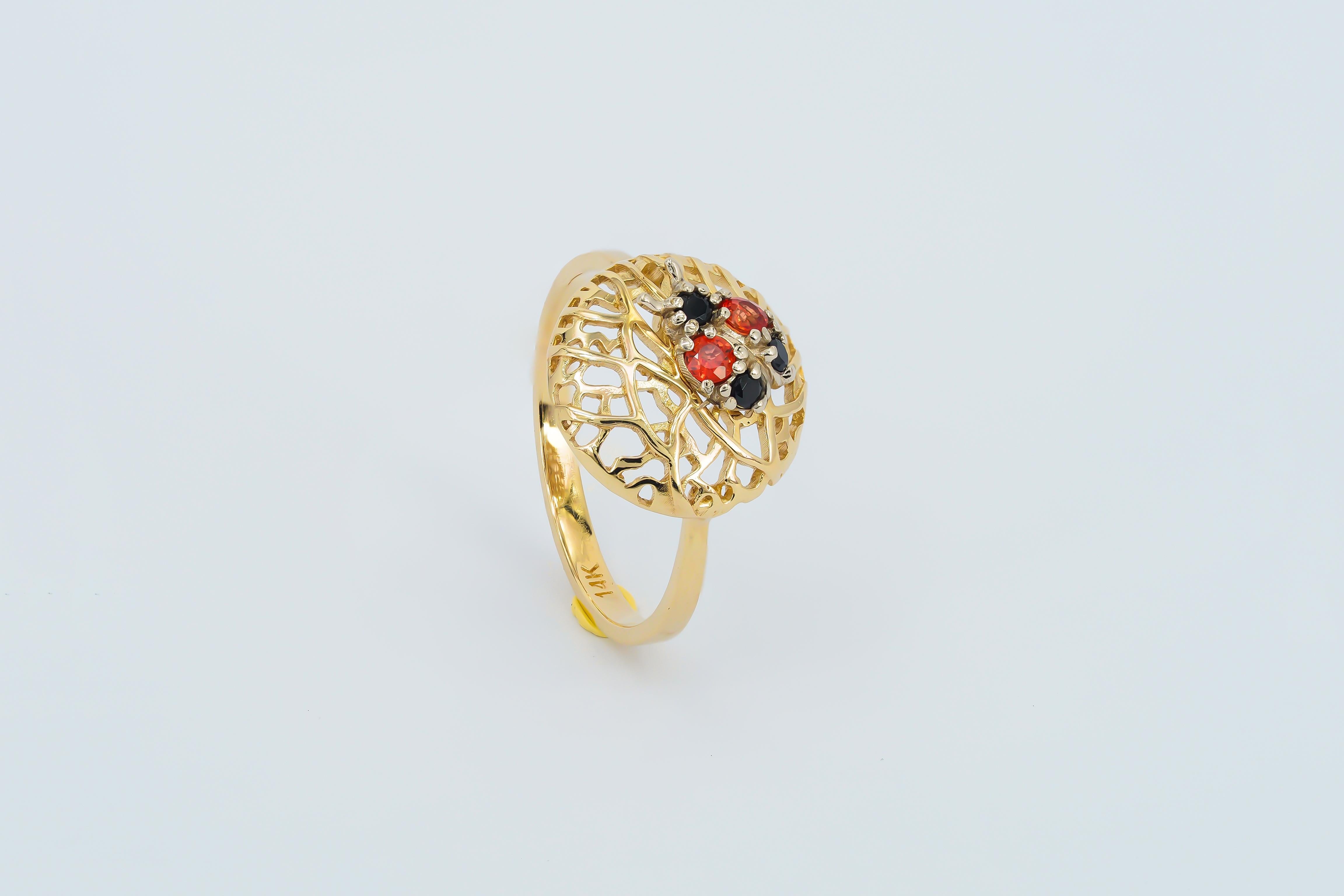 For Sale:  14 karat Gold Ring with Sapphires, Spinels. Ladybug gold Ring. 7