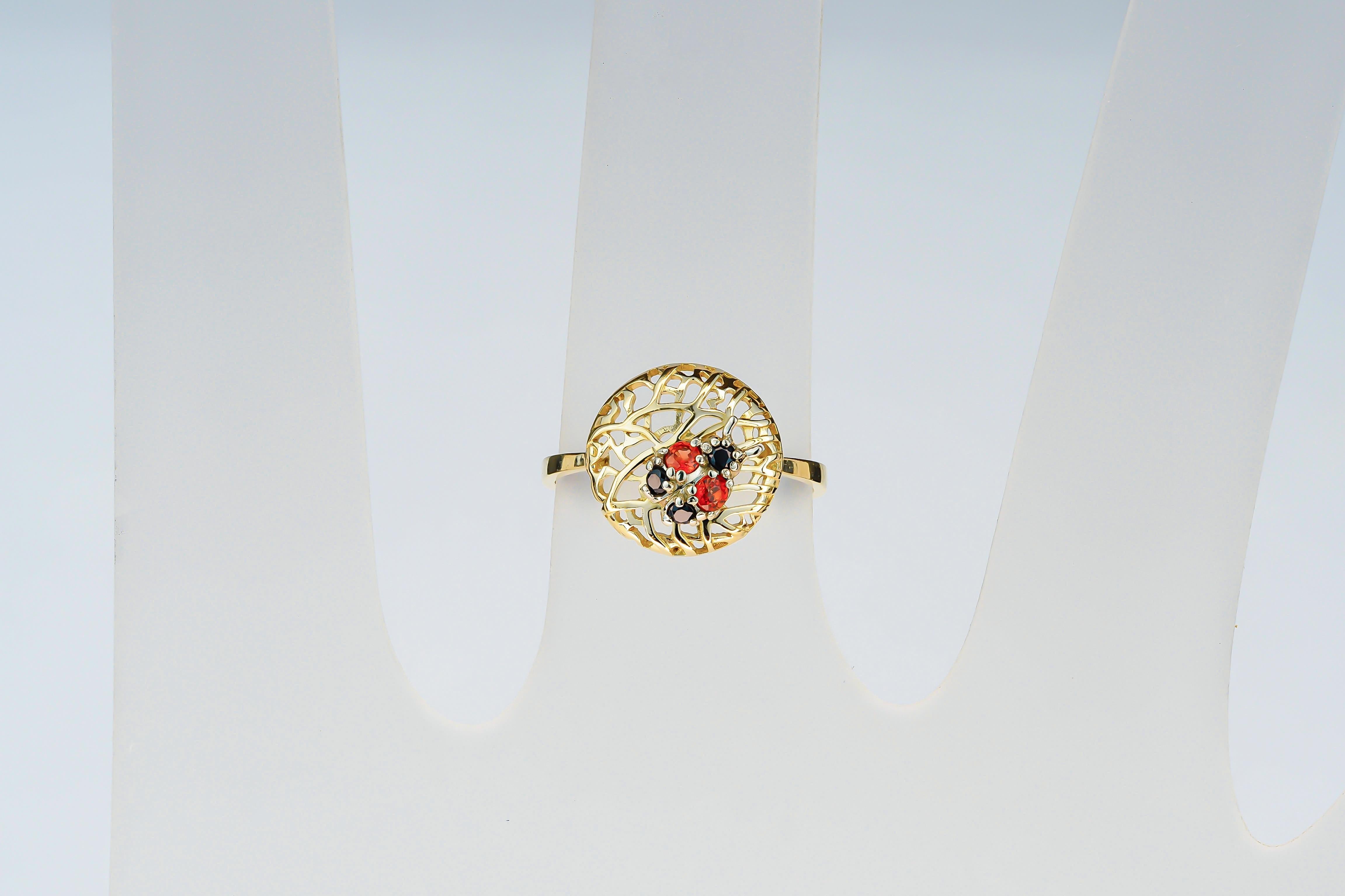 For Sale:  14 karat Gold Ring with Sapphires, Spinels. Ladybug gold Ring. 8
