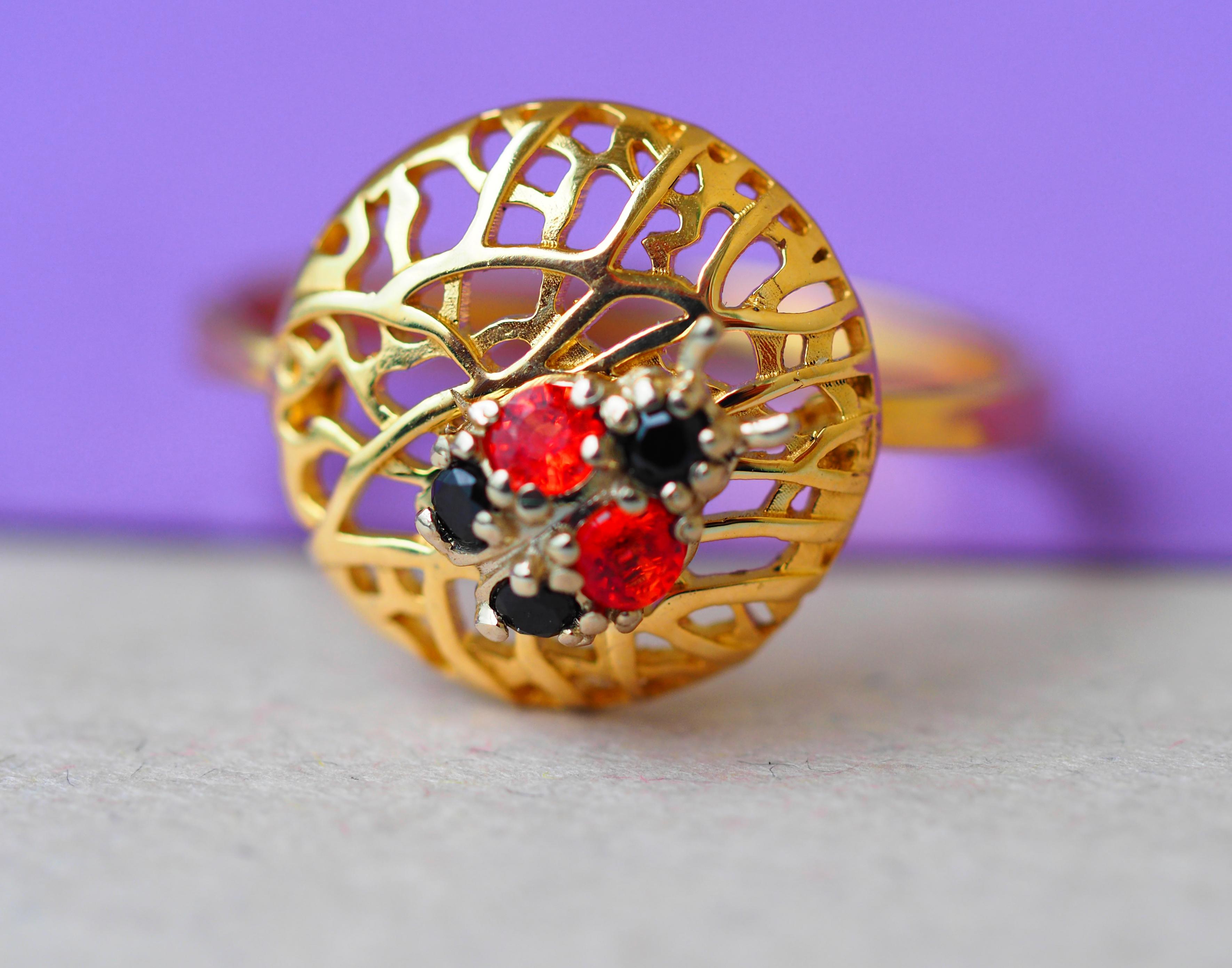 For Sale:  14 karat Gold Ring with Sapphires, Spinels. Ladybug gold Ring. 9