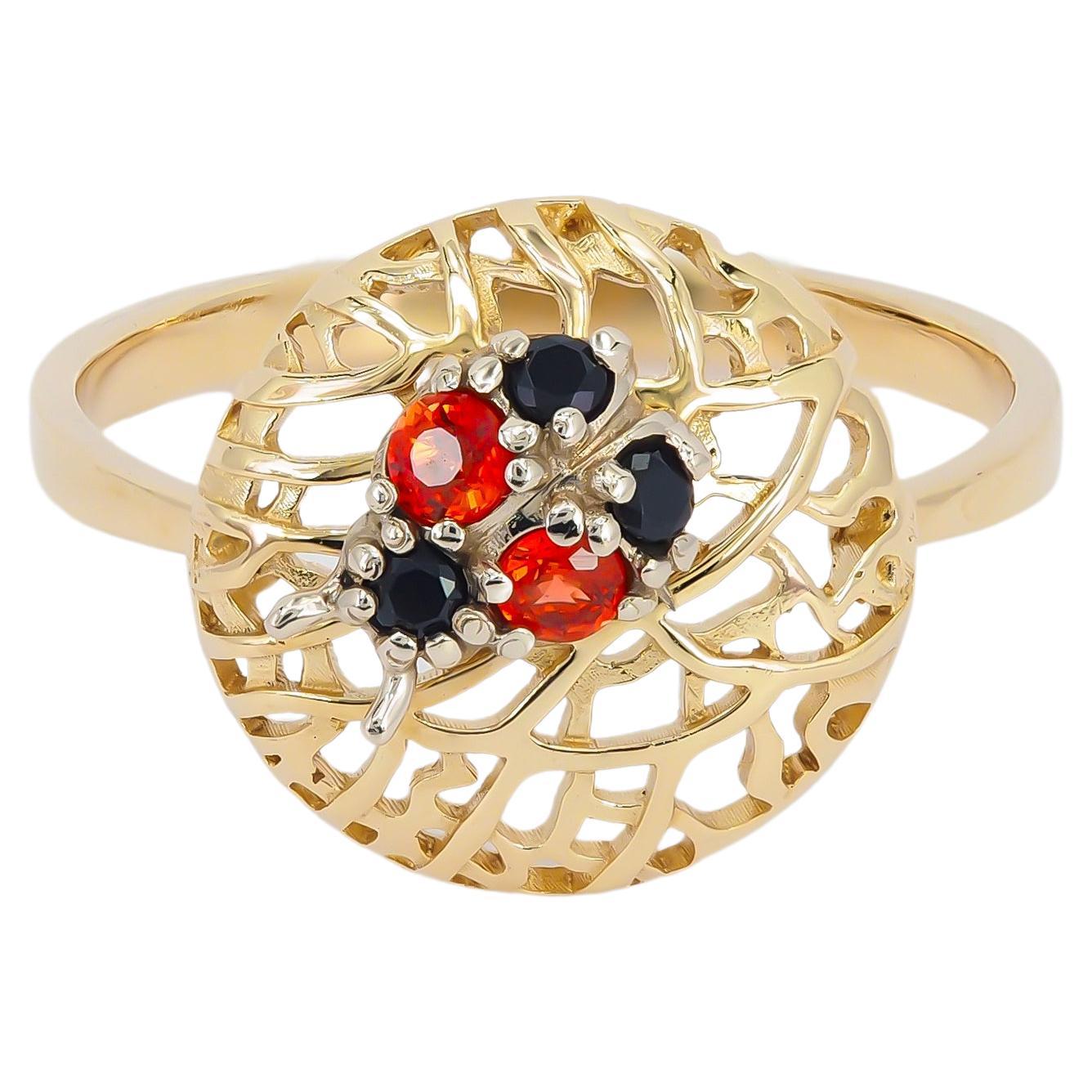 14 karat Gold Ring with Sapphires, Spinels. Ladybug gold Ring.