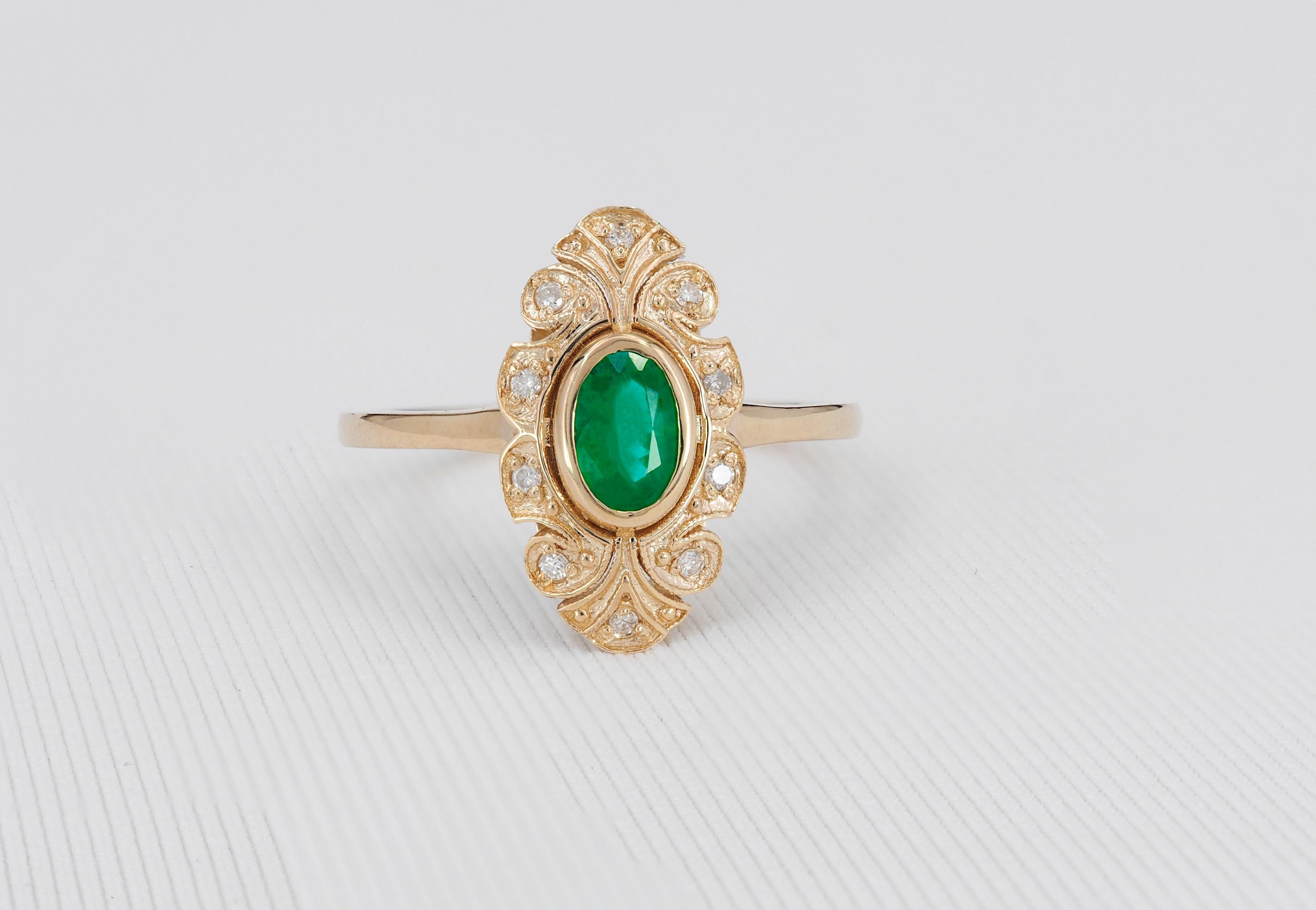 For Sale:  14k Gold Ring with Oval Emerald and Diamonds, Vintage Inspired Ring 2