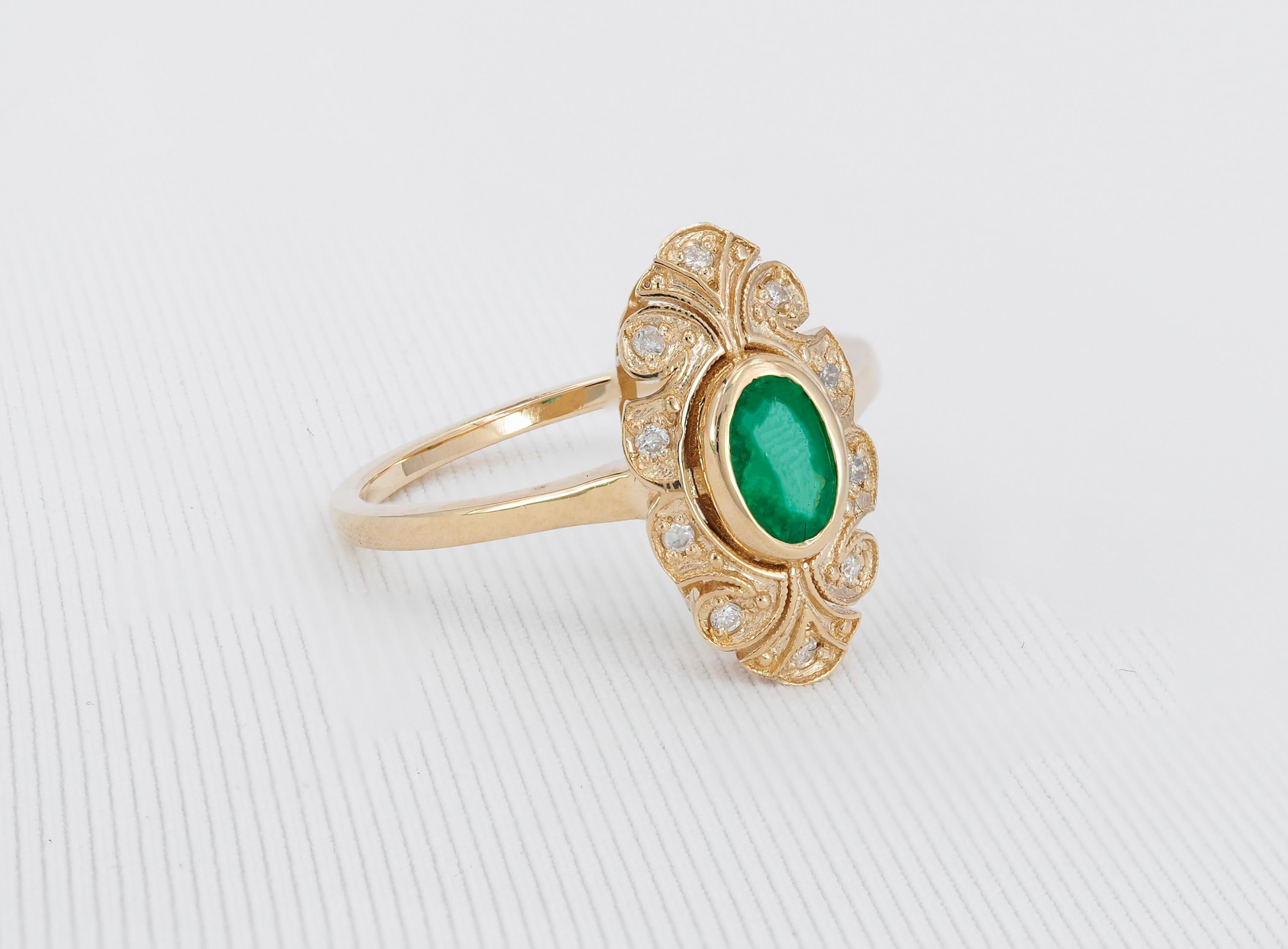 For Sale:  14k Gold Ring with Oval Emerald and Diamonds, Vintage Inspired Ring 3