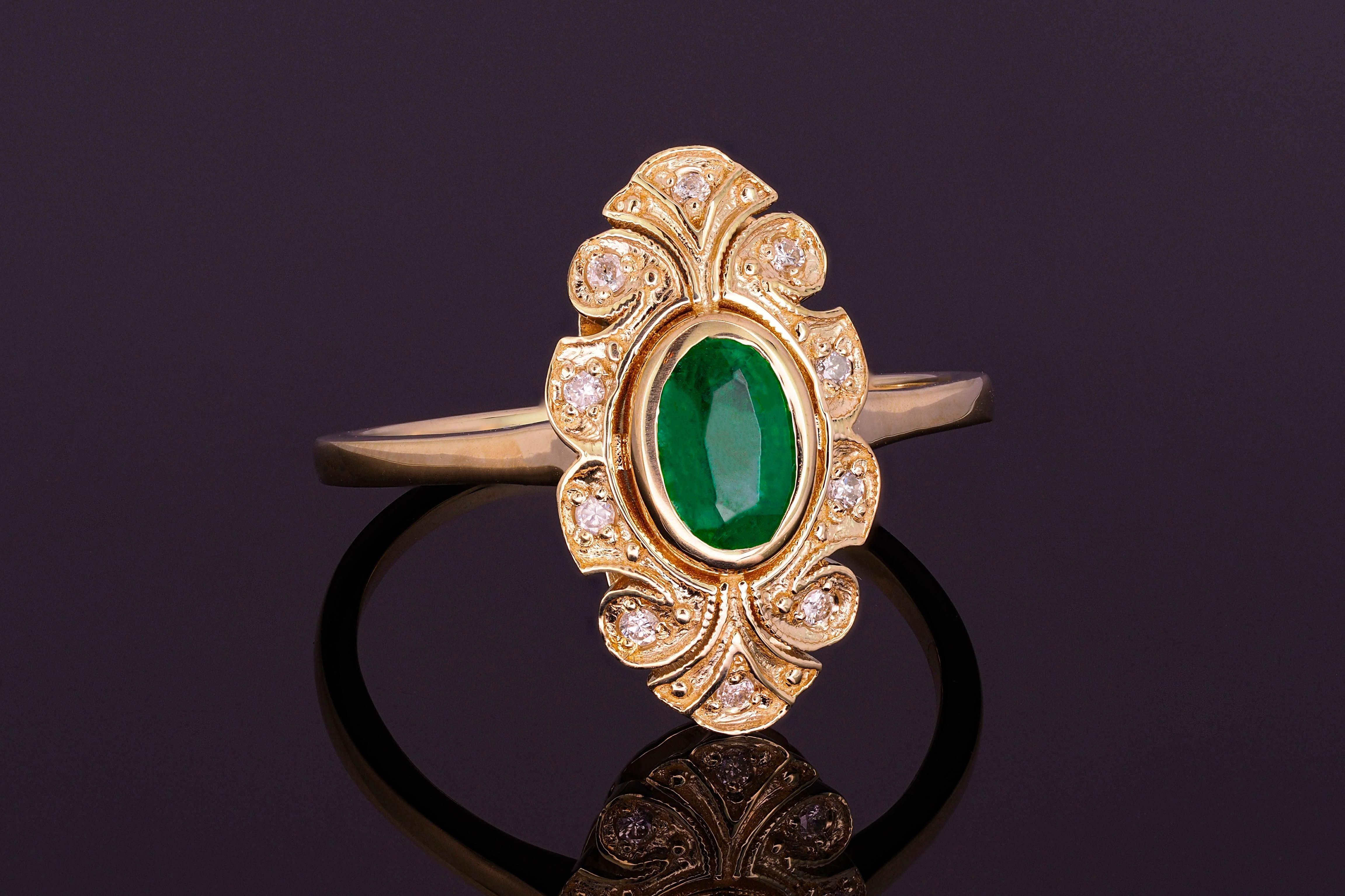 For Sale:  14k Gold Ring with Oval Emerald and Diamonds, Vintage Inspired Ring 4