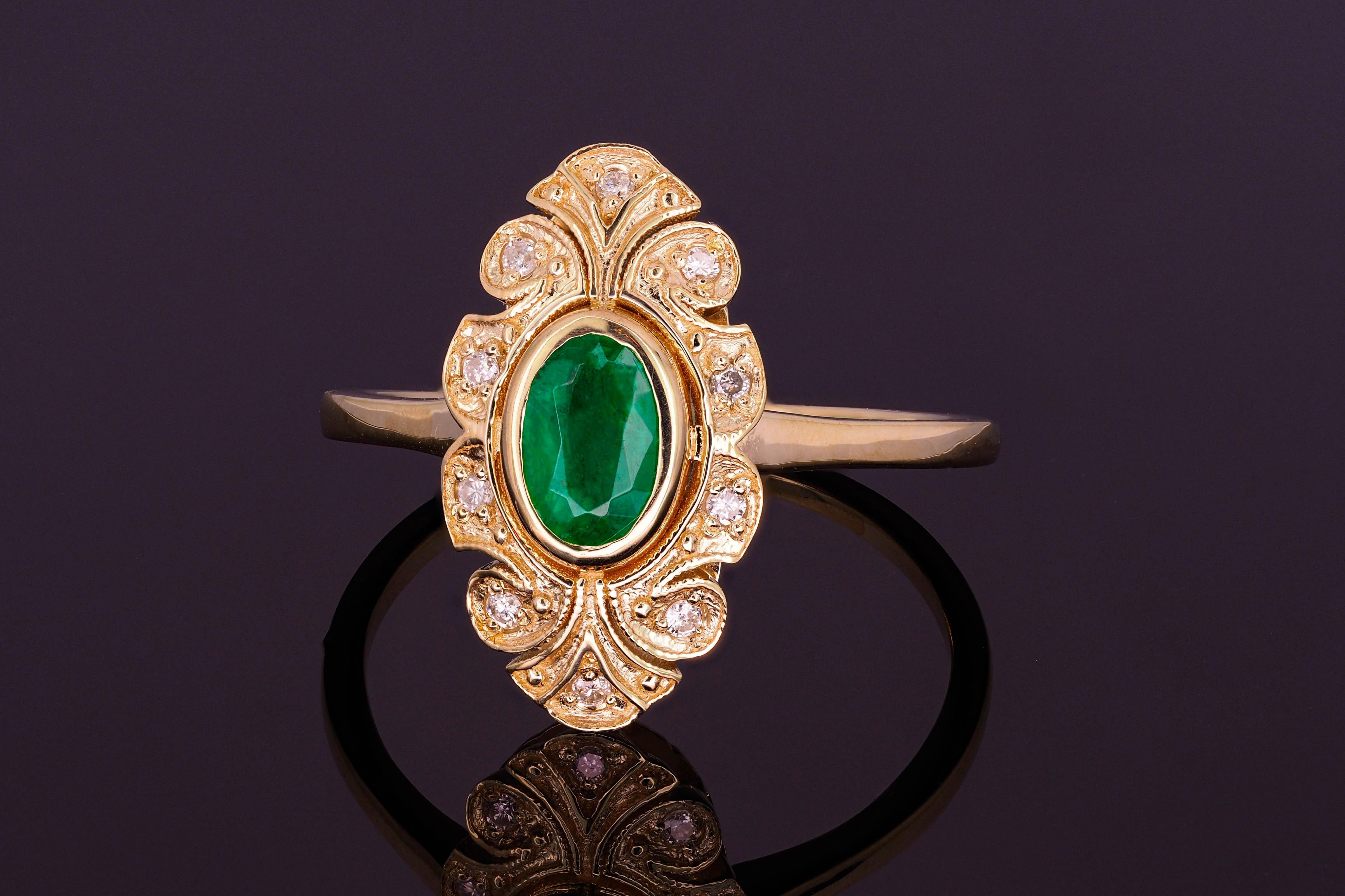 For Sale:  14k Gold Ring with Oval Emerald and Diamonds, Vintage Inspired Ring 5