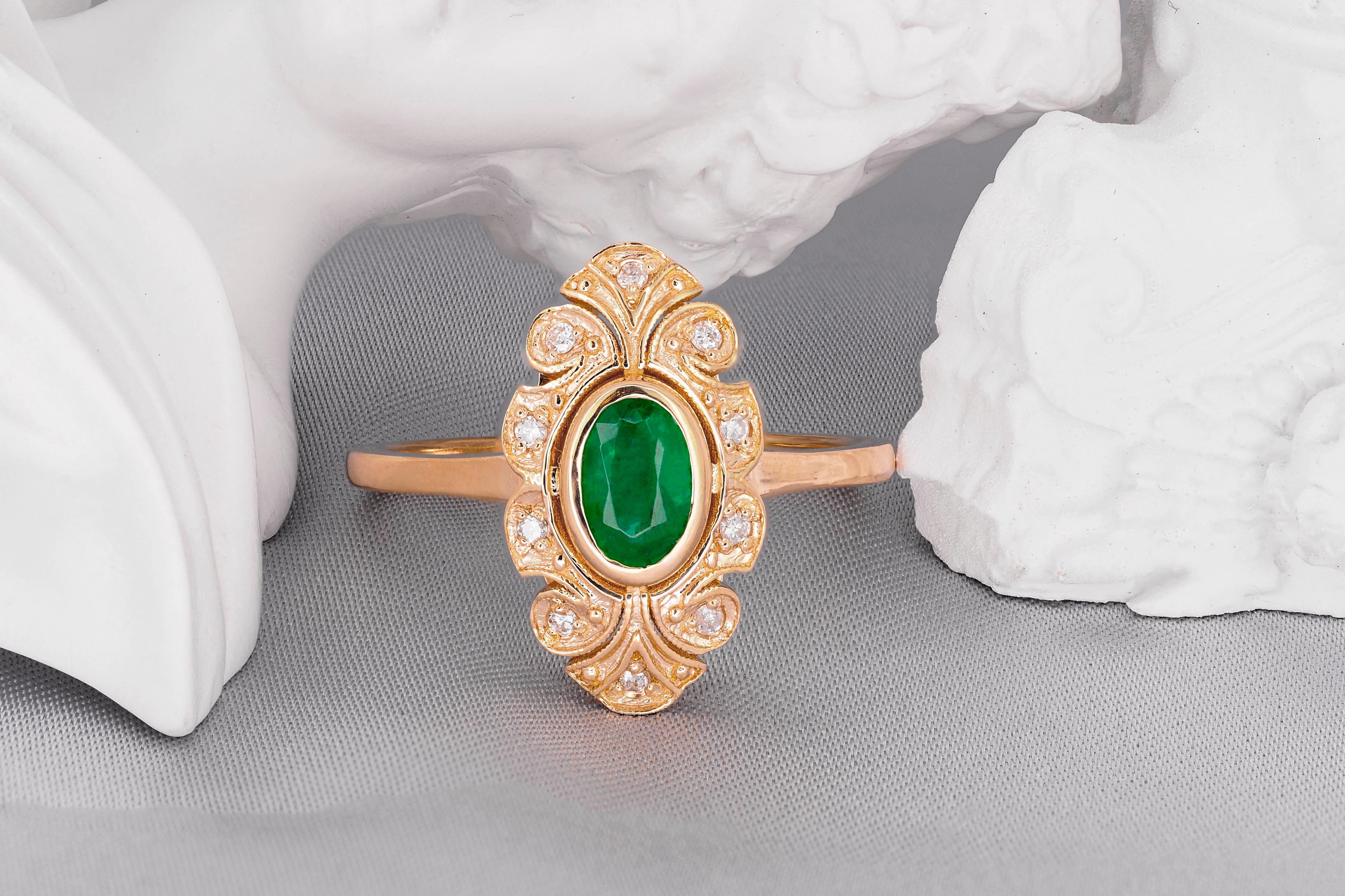 For Sale:  14k Gold Ring with Oval Emerald and Diamonds, Vintage Inspired Ring 6
