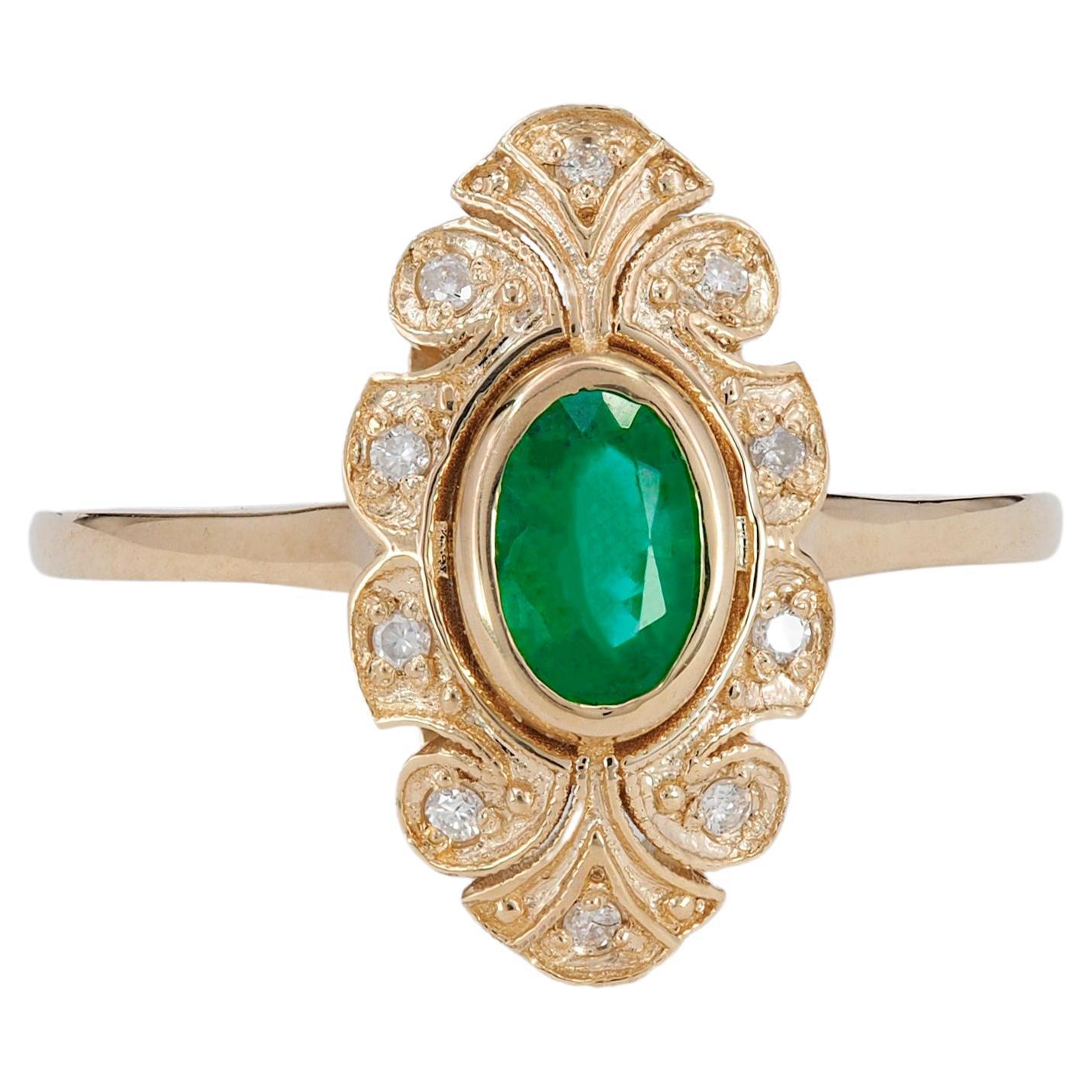 14k Gold Ring with Oval Emerald and Diamonds, Vintage Inspired Ring