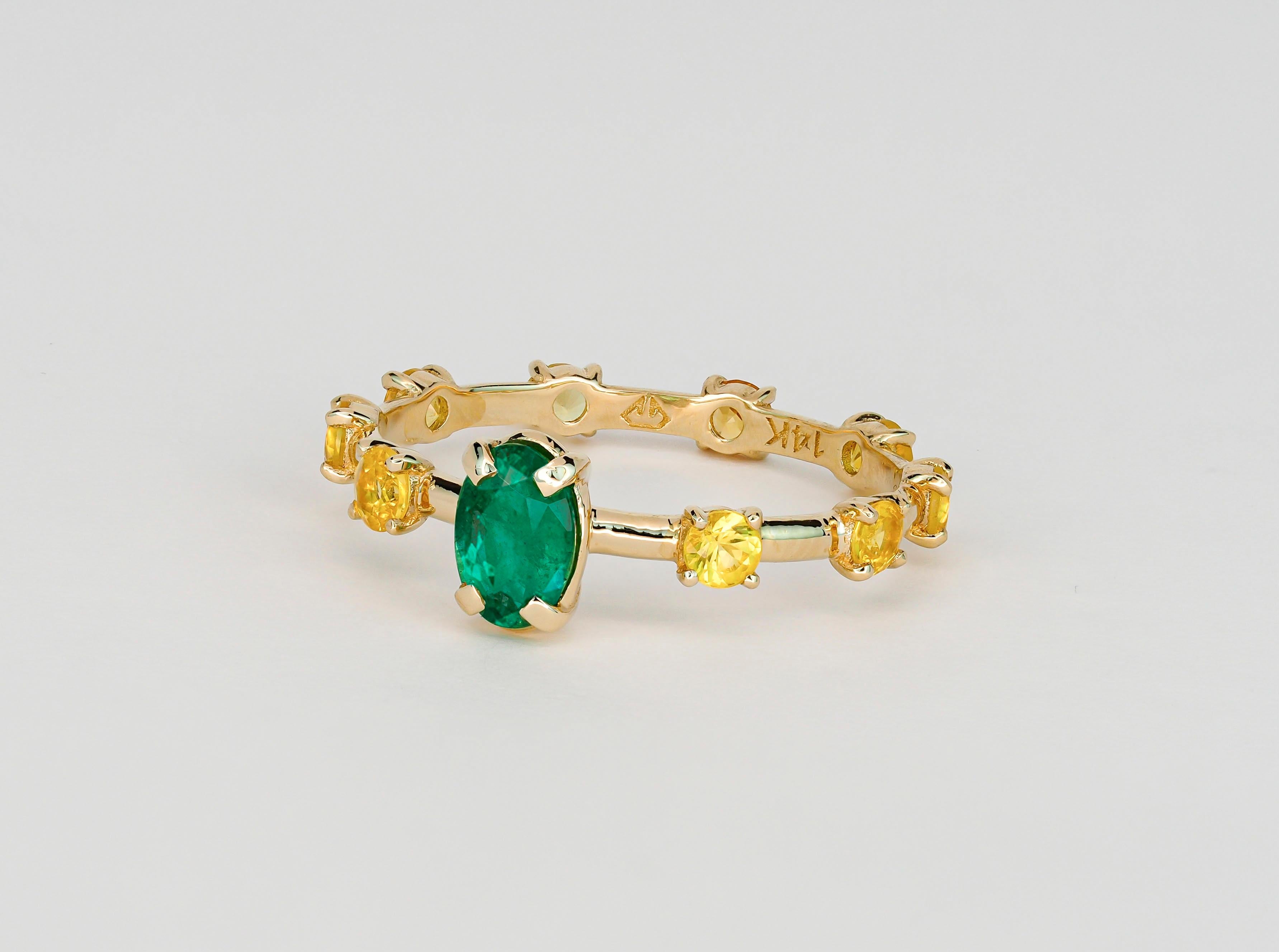 For Sale:  14k Gold Ring with Oval Emerald and Sapphires, Eternity Ring 7