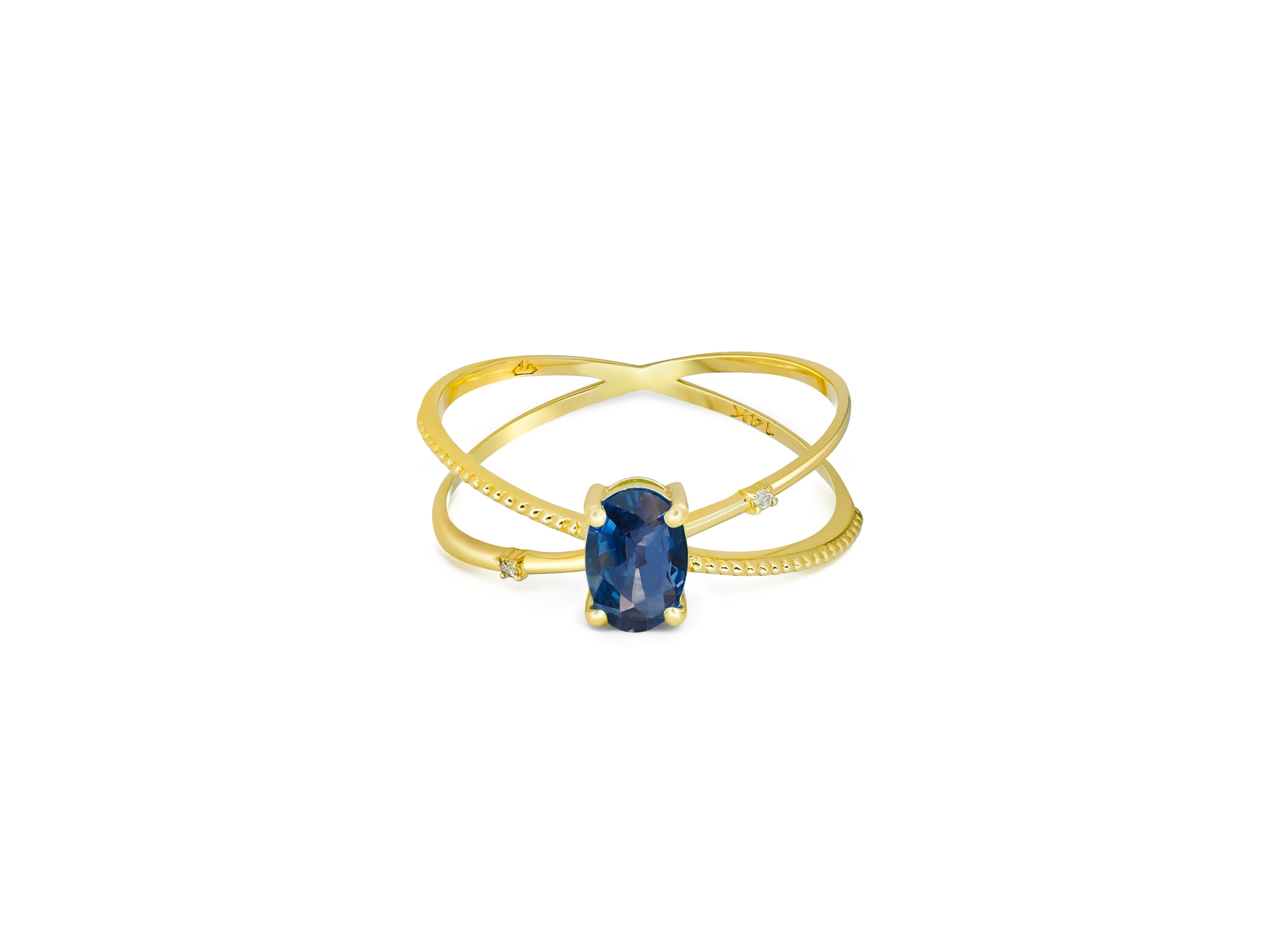 14k gold ring with oval sapphire. 
Blue gemstone ring. September birthstone ring. Genuine sapphire ring. Vintage ring. Twist gold band.

Metal: 14k gold
Weight: 1.9 g. depends from size.
 
Main Stone: Sapphire
Shape: Oval  
Total Carat Weight: aprox