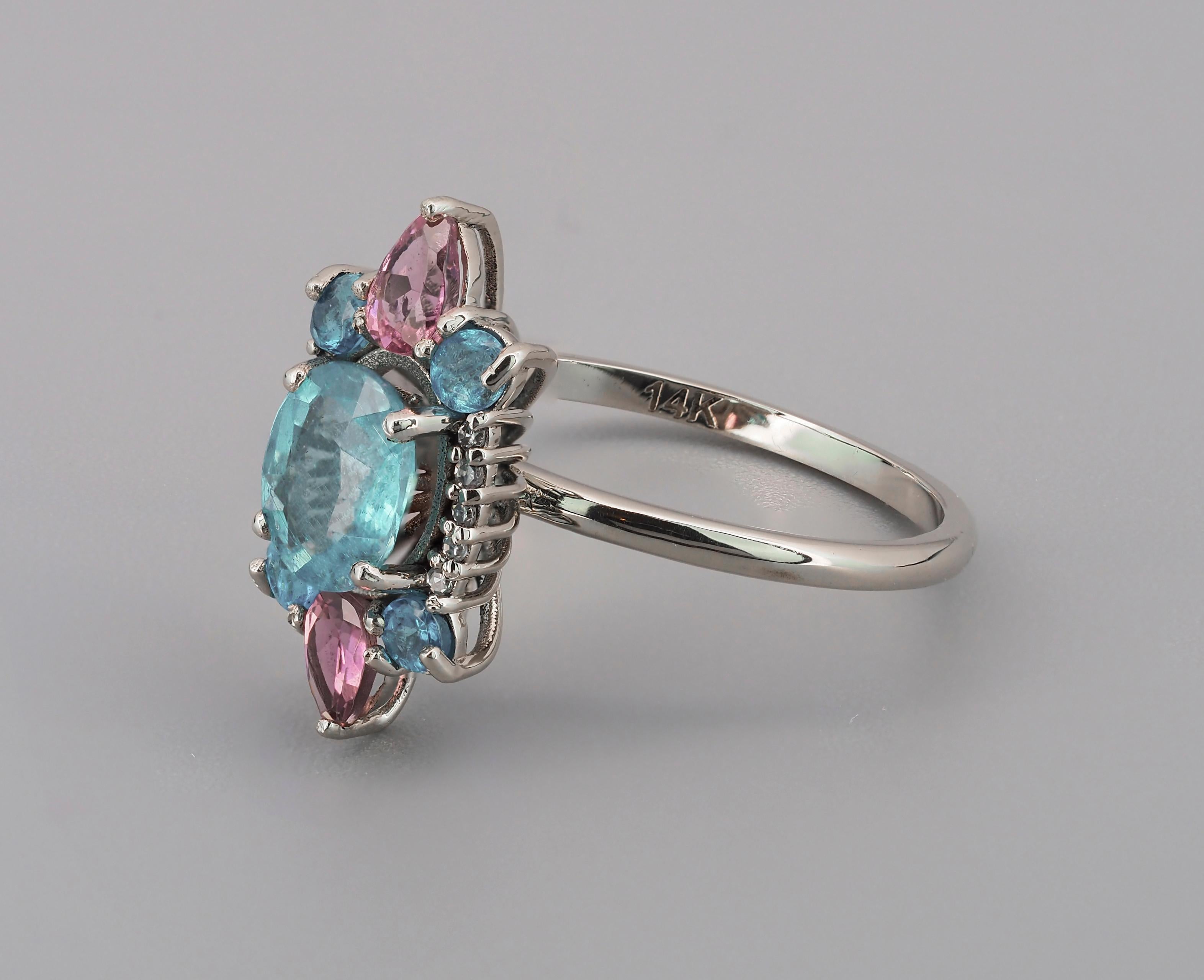 For Sale:  14k Gold Ring with Paraiba Color Apatite Sapphires and Diamonds 4