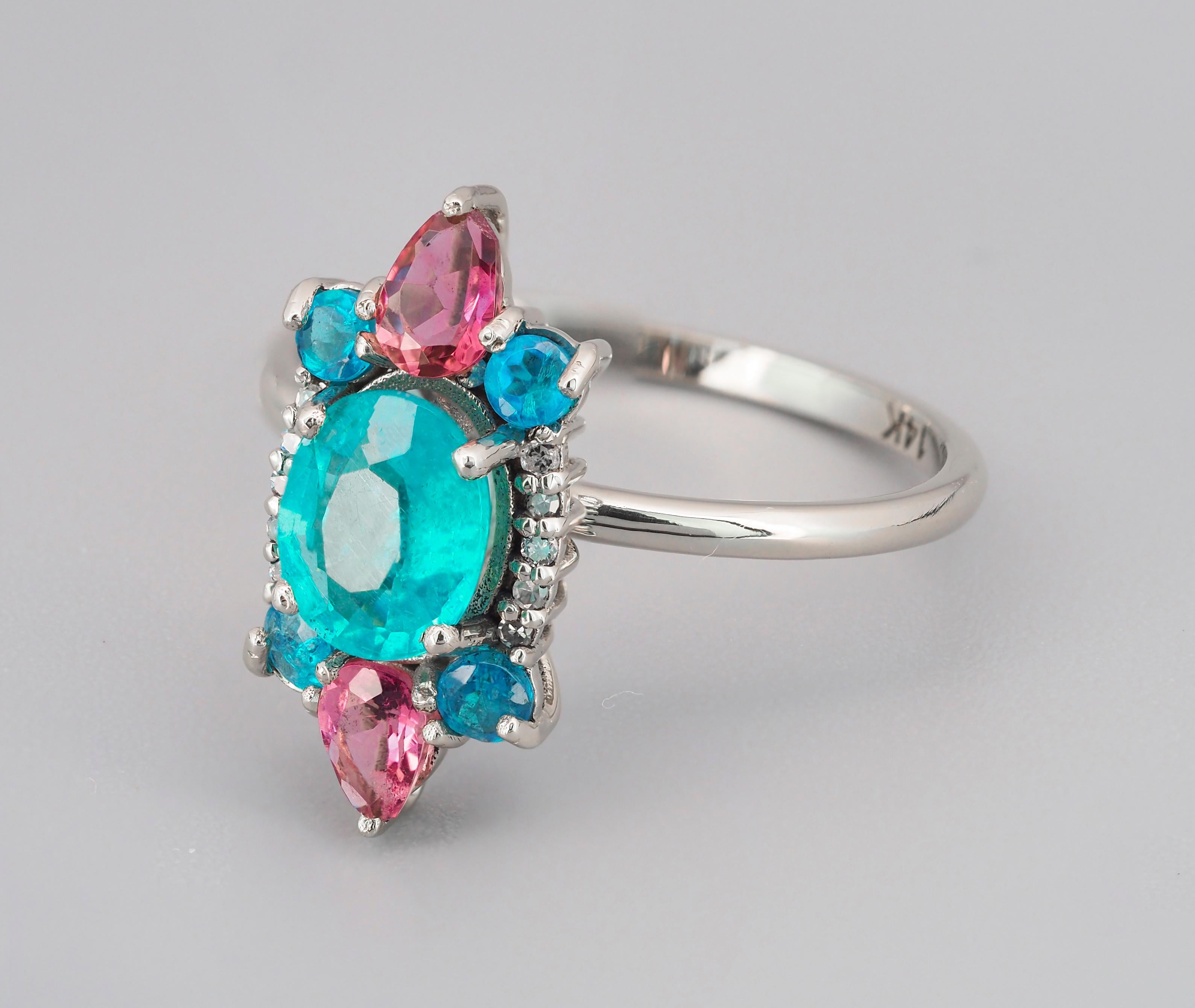 Modern 14k Gold Ring with Paraiba Color Apatite Sapphires and Diamonds