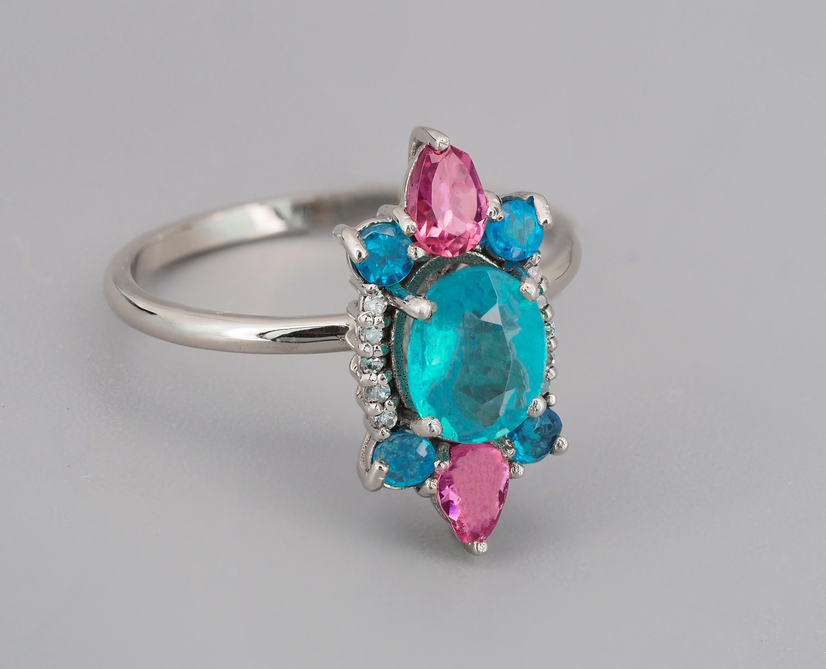 Oval Cut 14k Gold Ring with Paraiba Color Apatite Sapphires and Diamonds