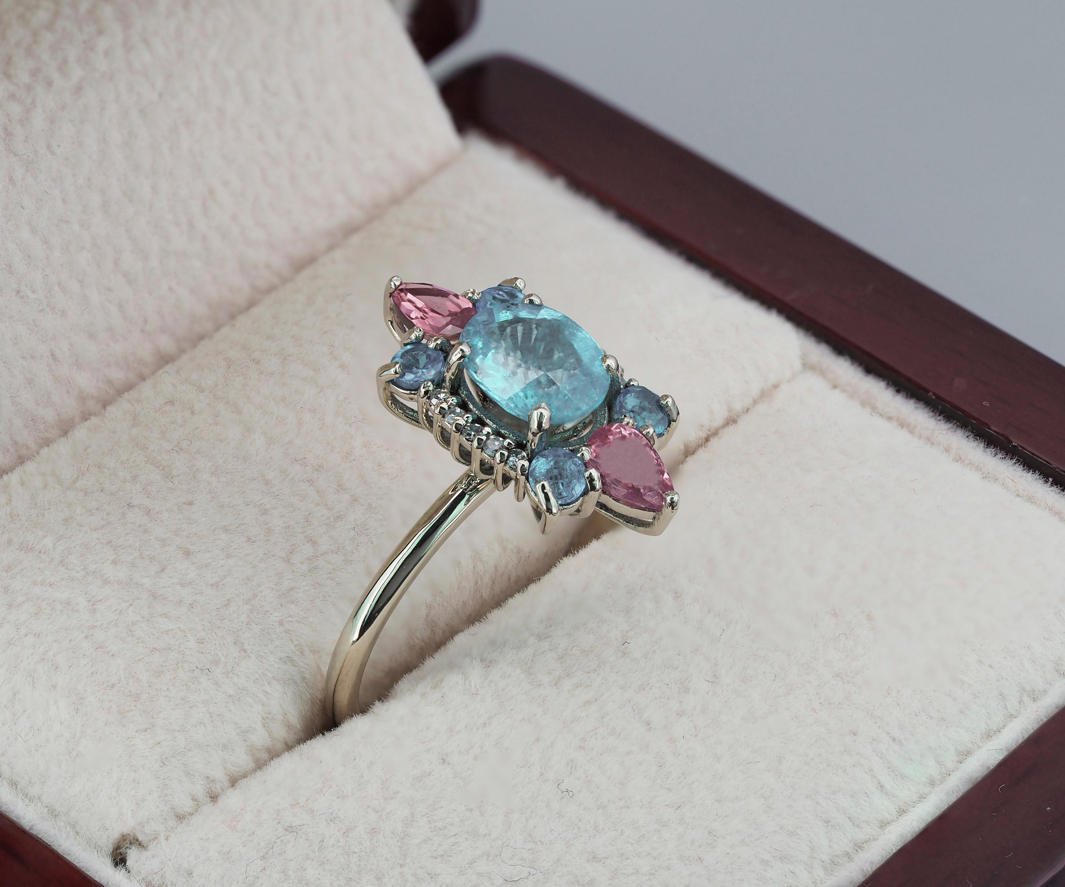 For Sale:  14k Gold Ring with Paraiba Color Apatite Sapphires and Diamonds 6