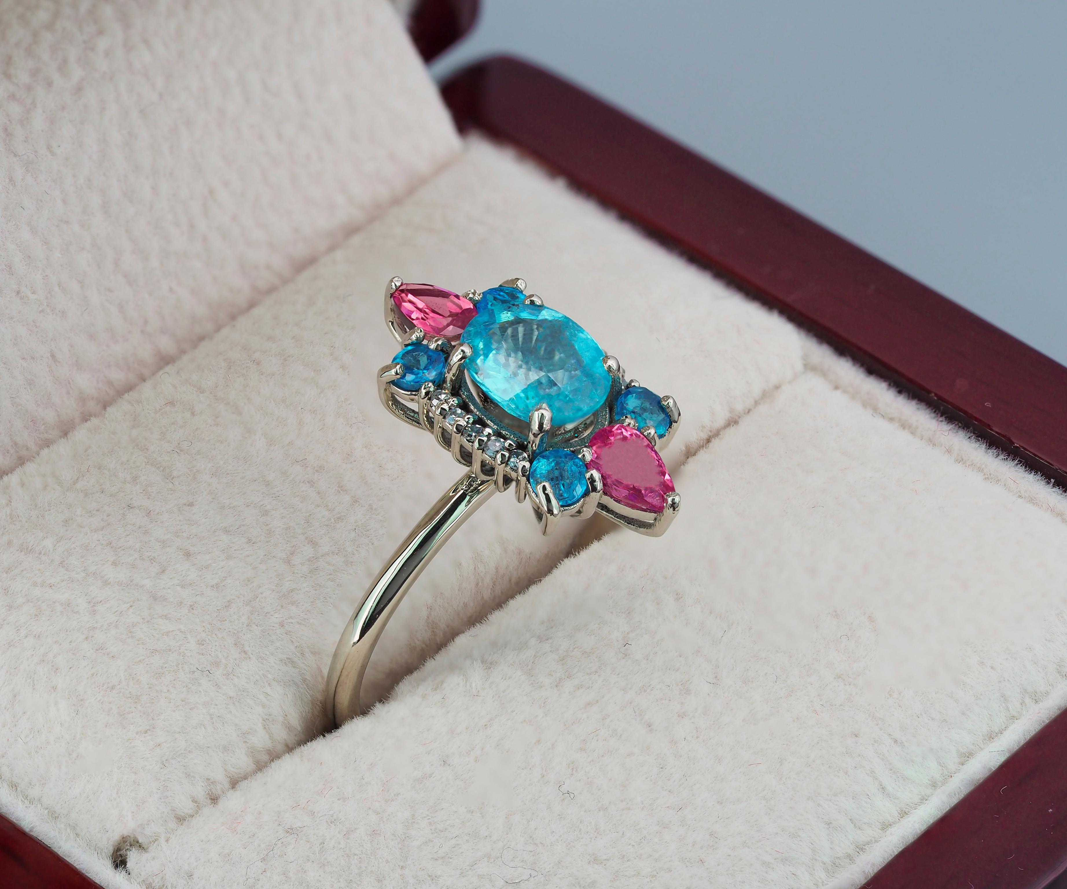 For Sale:  14k Gold Ring with Paraiba Color Apatite Sapphires and Diamonds 7