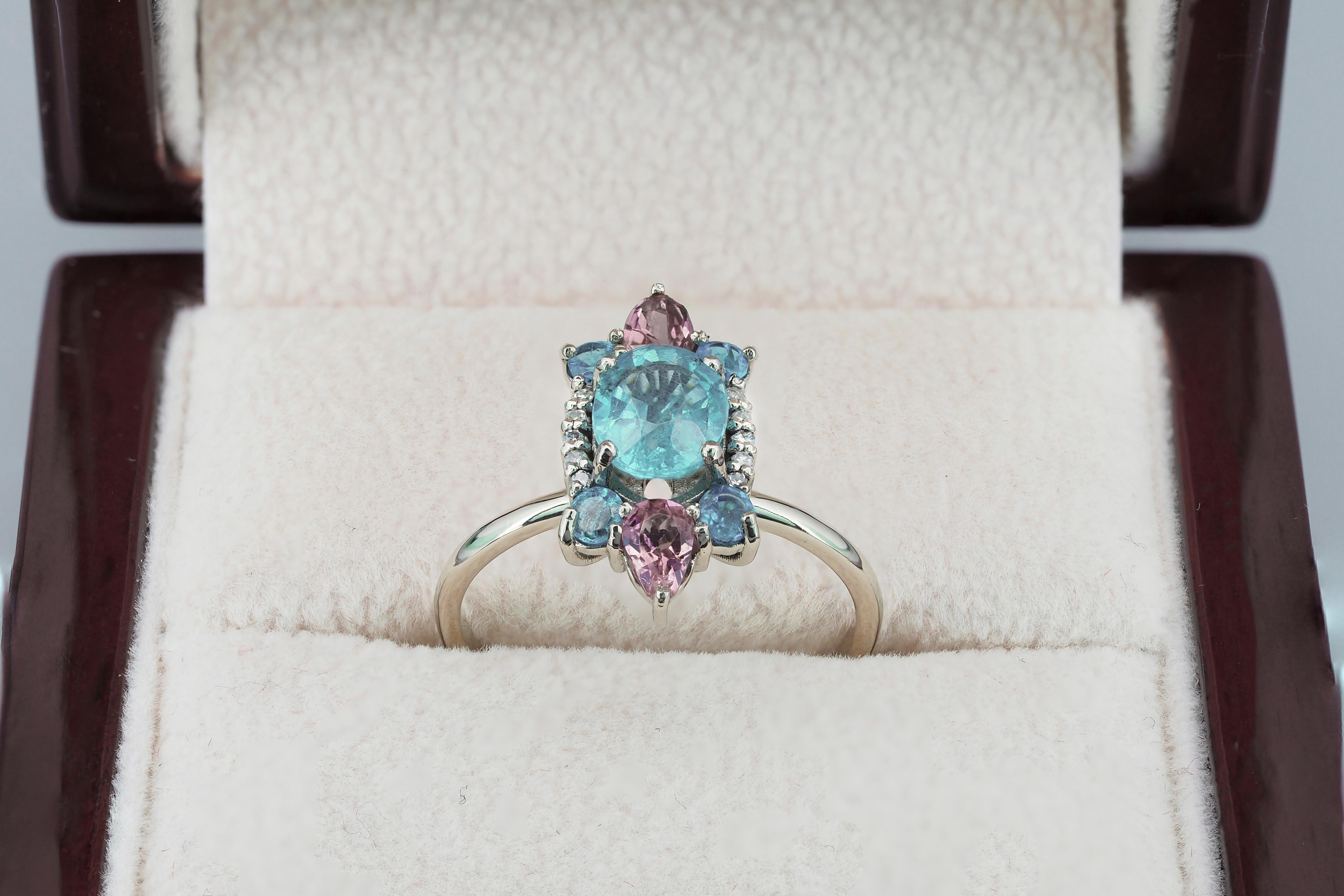 For Sale:  14k Gold Ring with Paraiba Color Apatite Sapphires and Diamonds 7