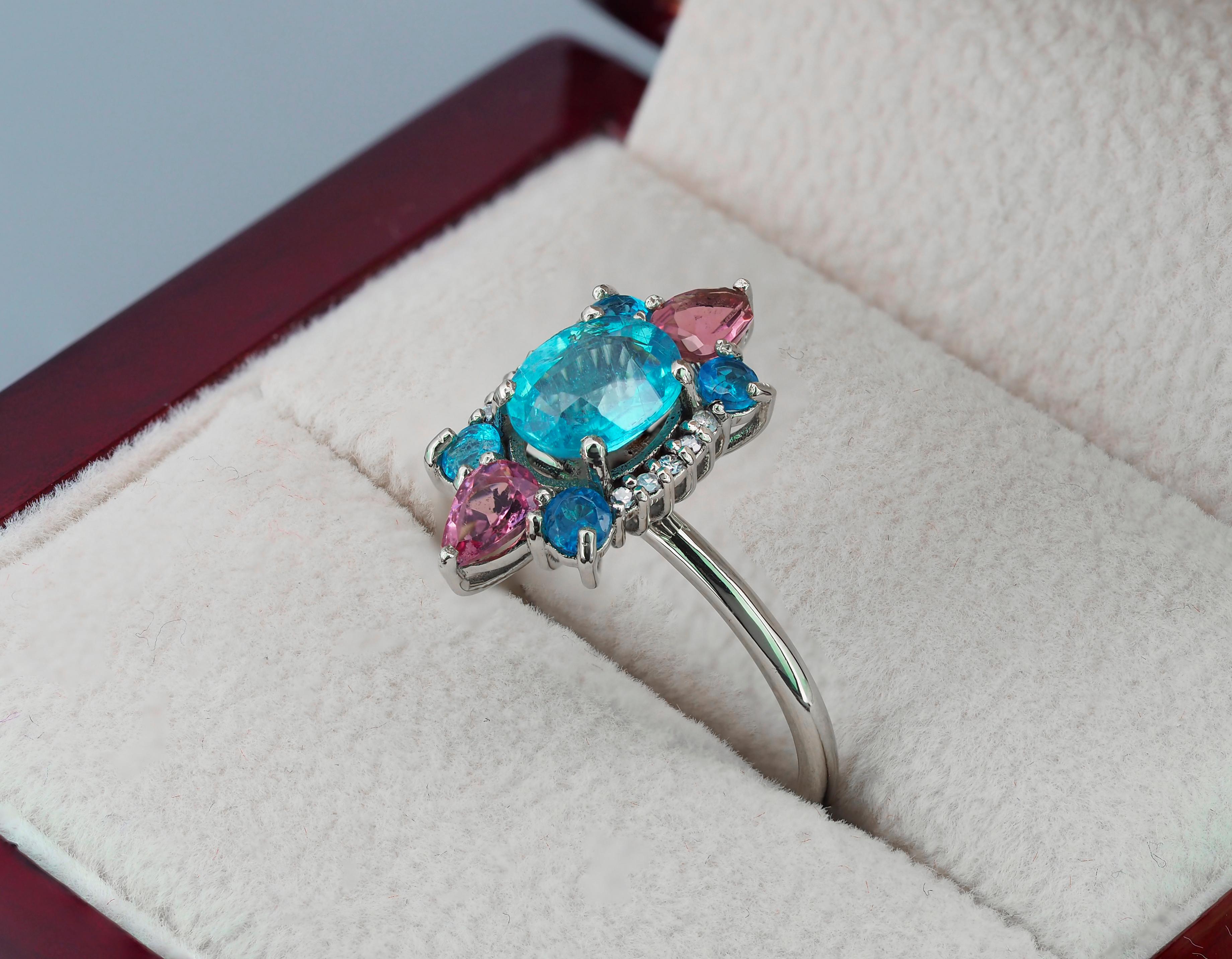 For Sale:  14k Gold Ring with Paraiba Color Apatite Sapphires and Diamonds 8