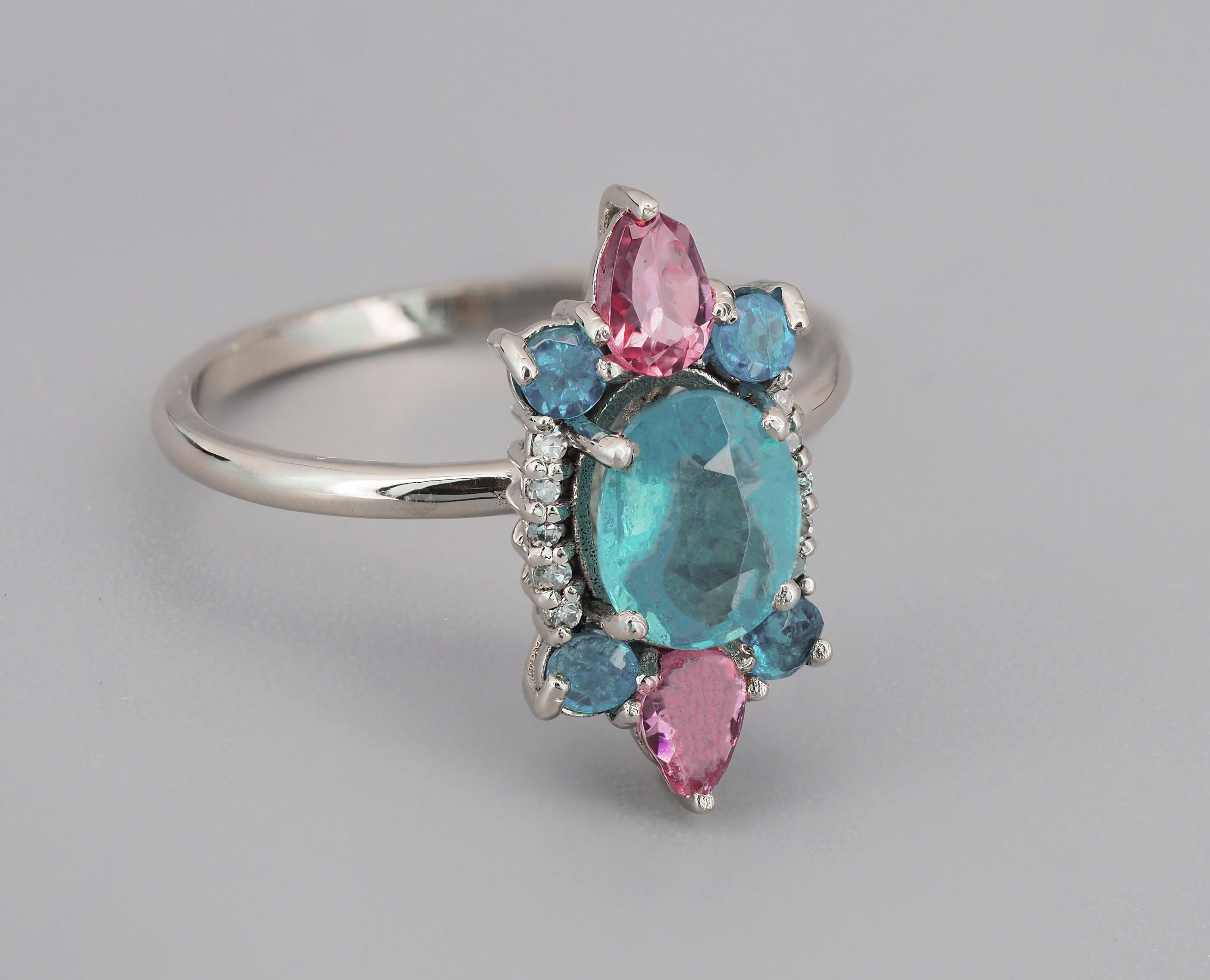 For Sale:  14k Gold Ring with Paraiba Color Apatite Sapphires and Diamonds 8