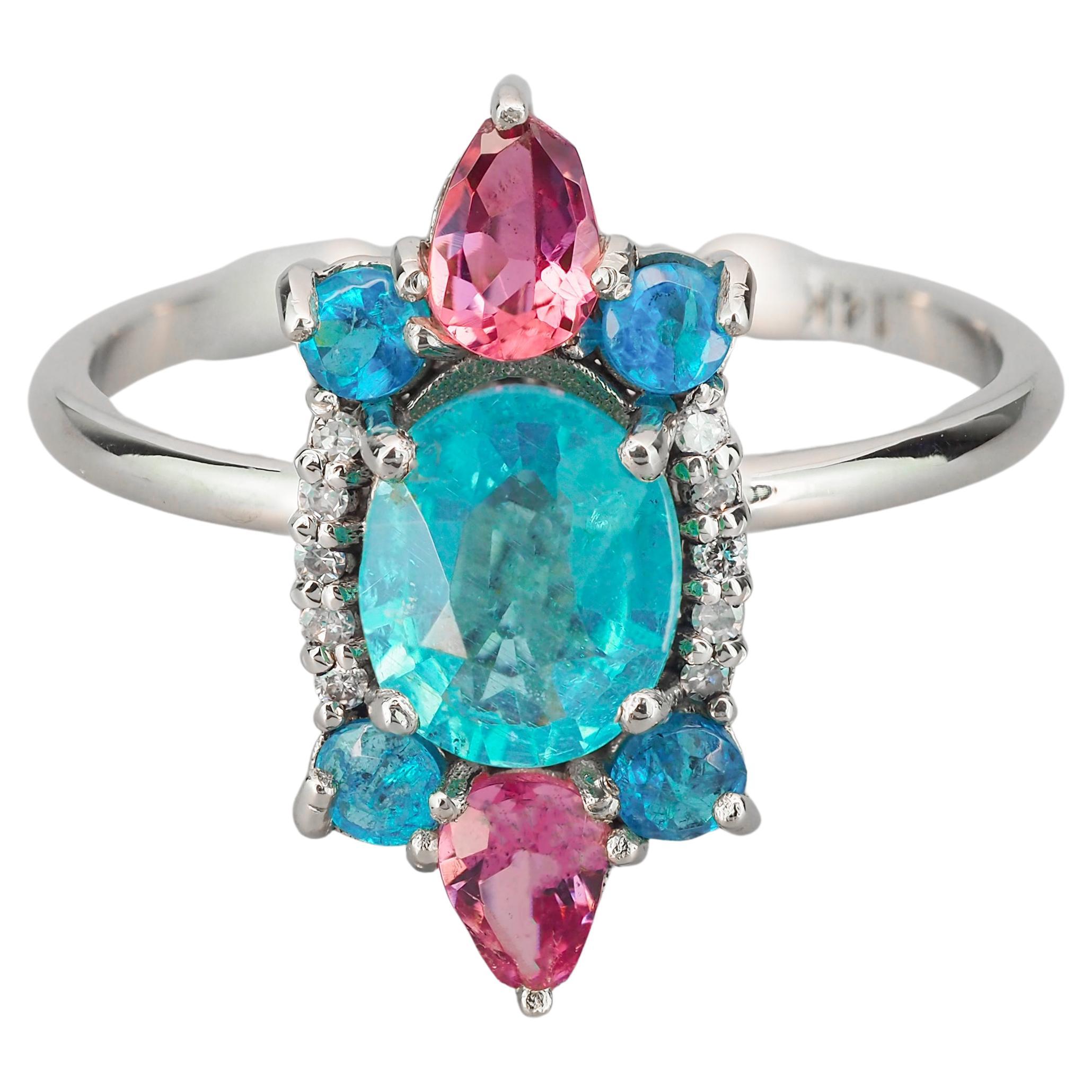 For Sale:  14k Gold Ring with Paraiba Color Apatite Sapphires and Diamonds 2