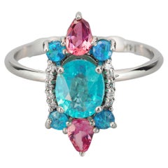 14k Gold Ring with Paraiba Color Apatite Sapphires and Diamonds