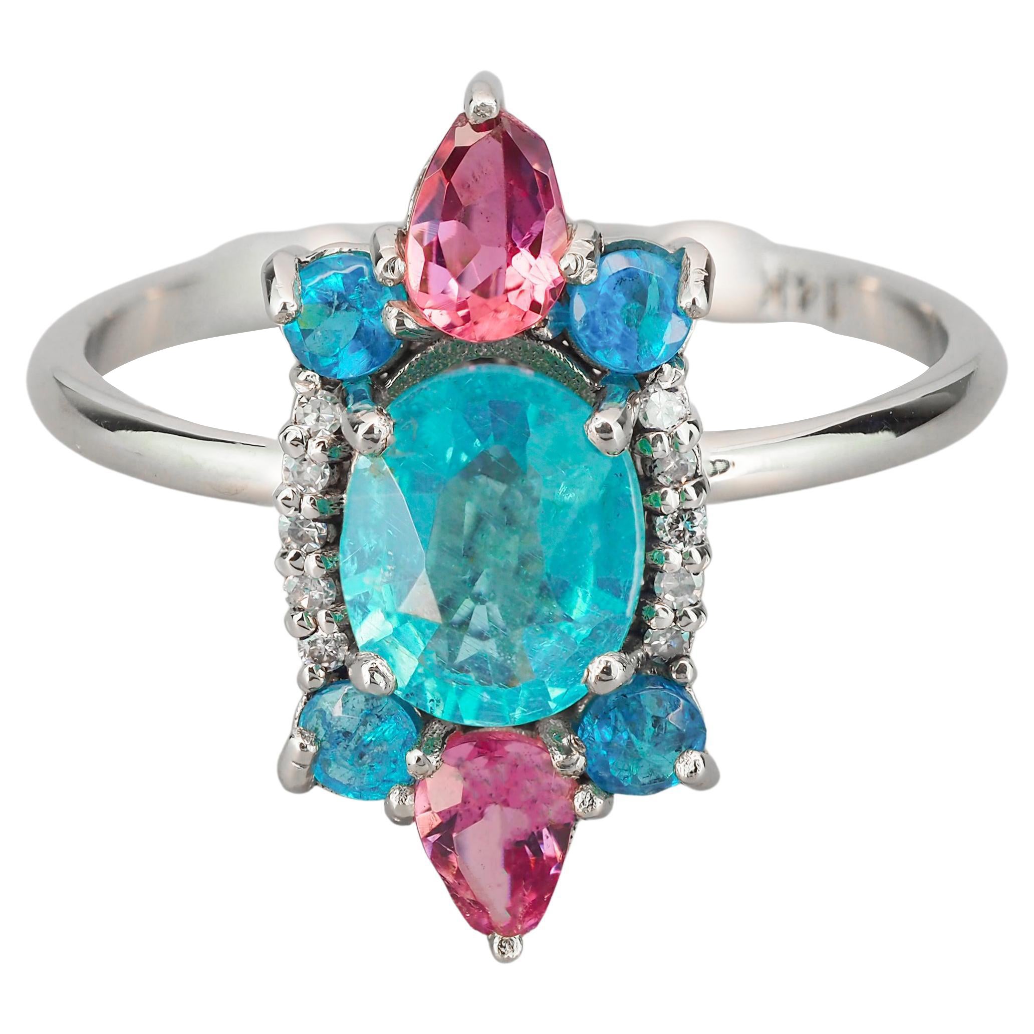 14k Gold Ring with Paraiba Color Apatite Sapphires and Diamonds