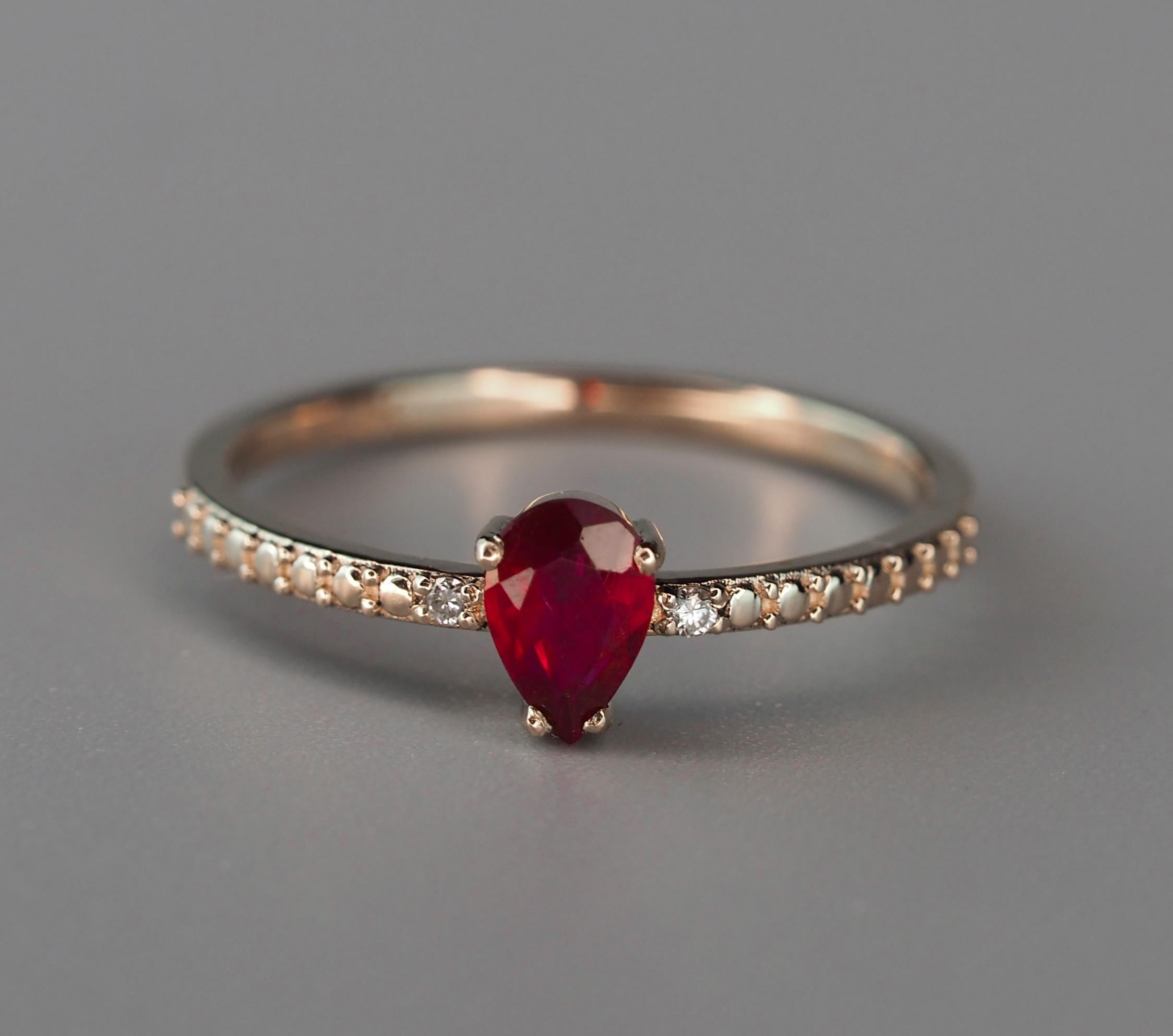 For Sale:  14 karat Gold Ring with Pear Ruby and Diamonds. Minimalist ruby ring 2
