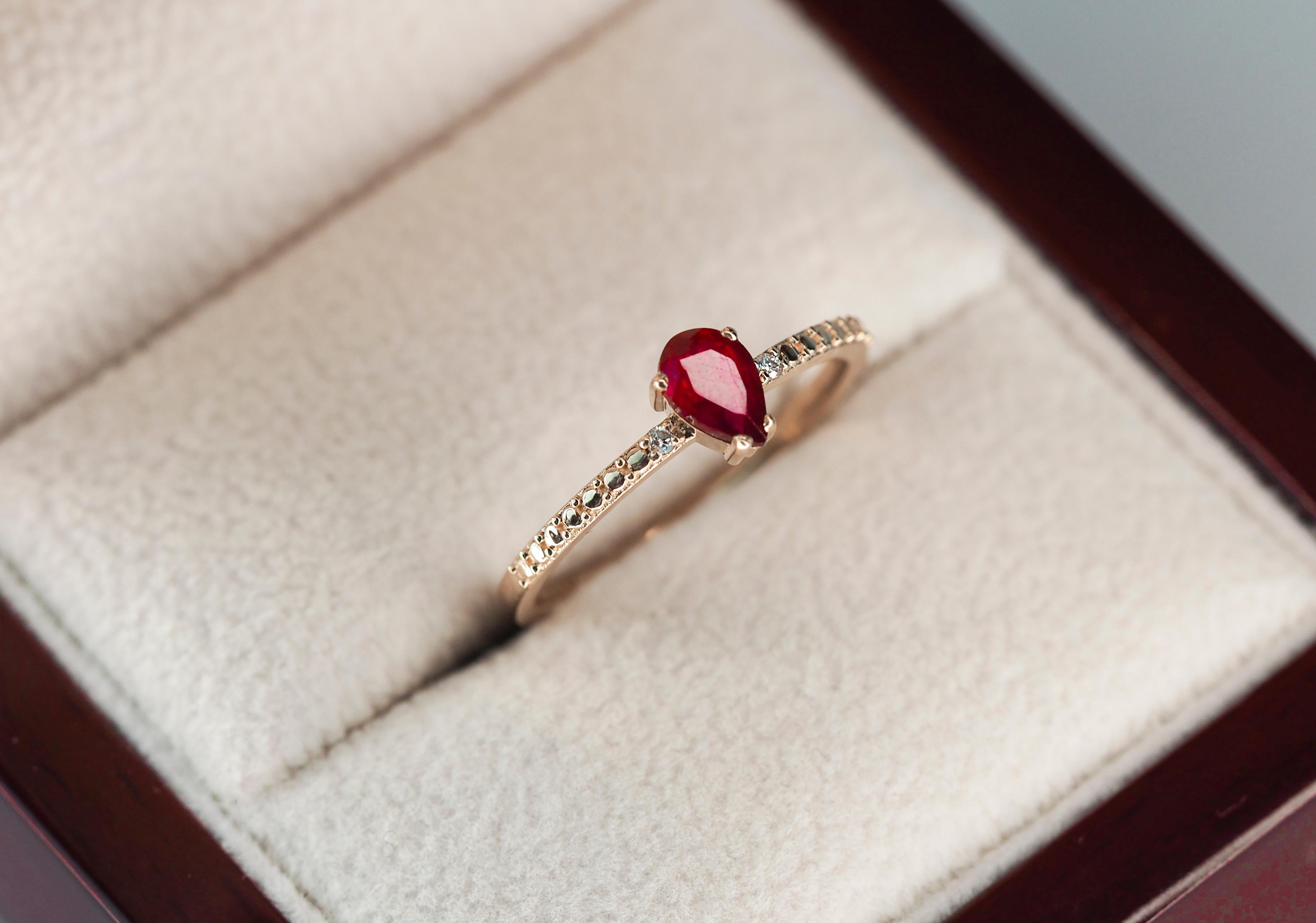 For Sale:  14 karat Gold Ring with Pear Ruby and Diamonds. Minimalist ruby ring 4