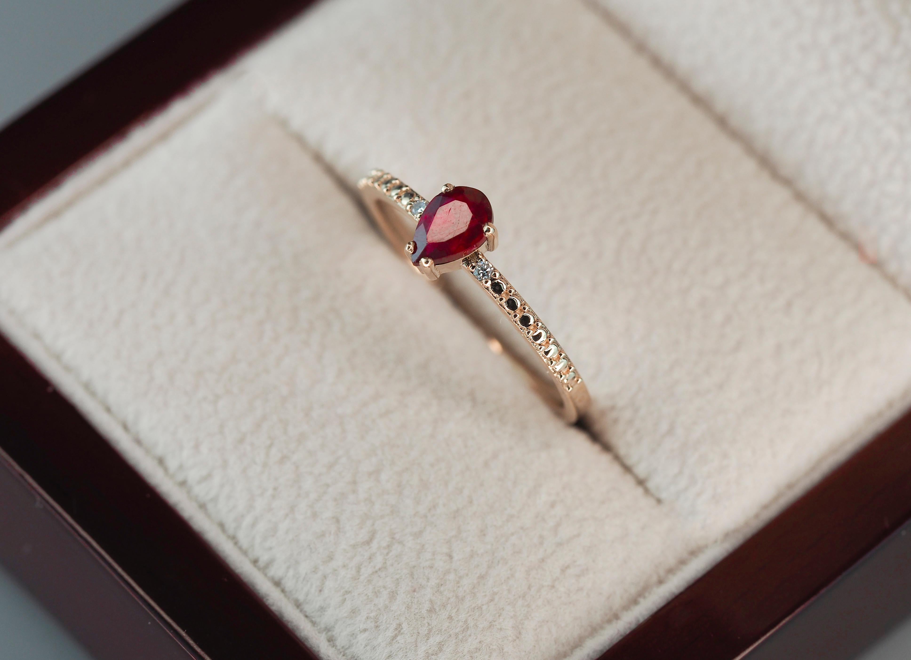 For Sale:  14 karat Gold Ring with Pear Ruby and Diamonds. Minimalist ruby ring 5