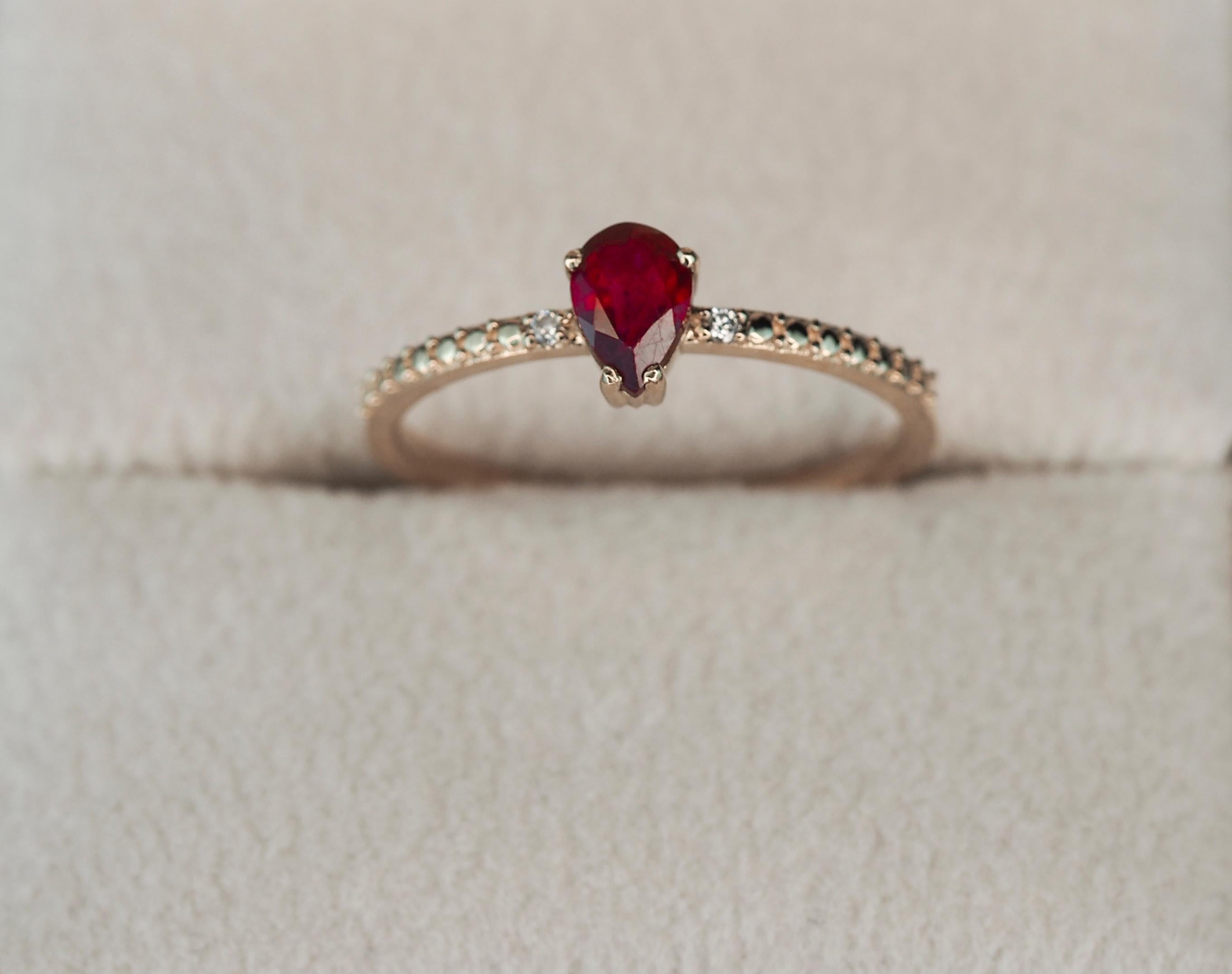 For Sale:  14 karat Gold Ring with Pear Ruby and Diamonds. Minimalist ruby ring 6
