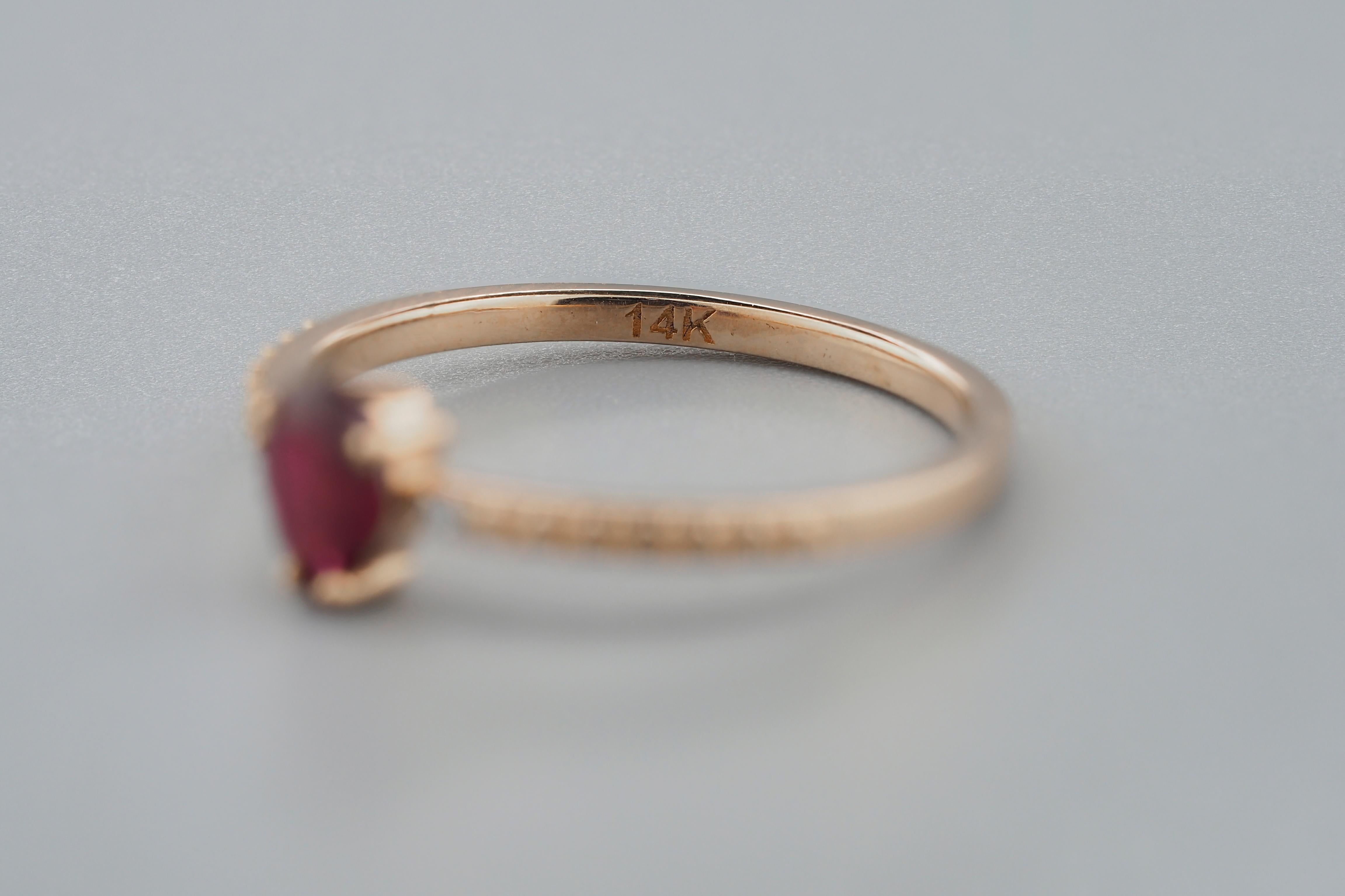 For Sale:  14 karat Gold Ring with Pear Ruby and Diamonds. Minimalist ruby ring 8