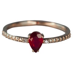 14 karat Gold Ring with Pear Ruby and Diamonds. Minimalist ruby ring