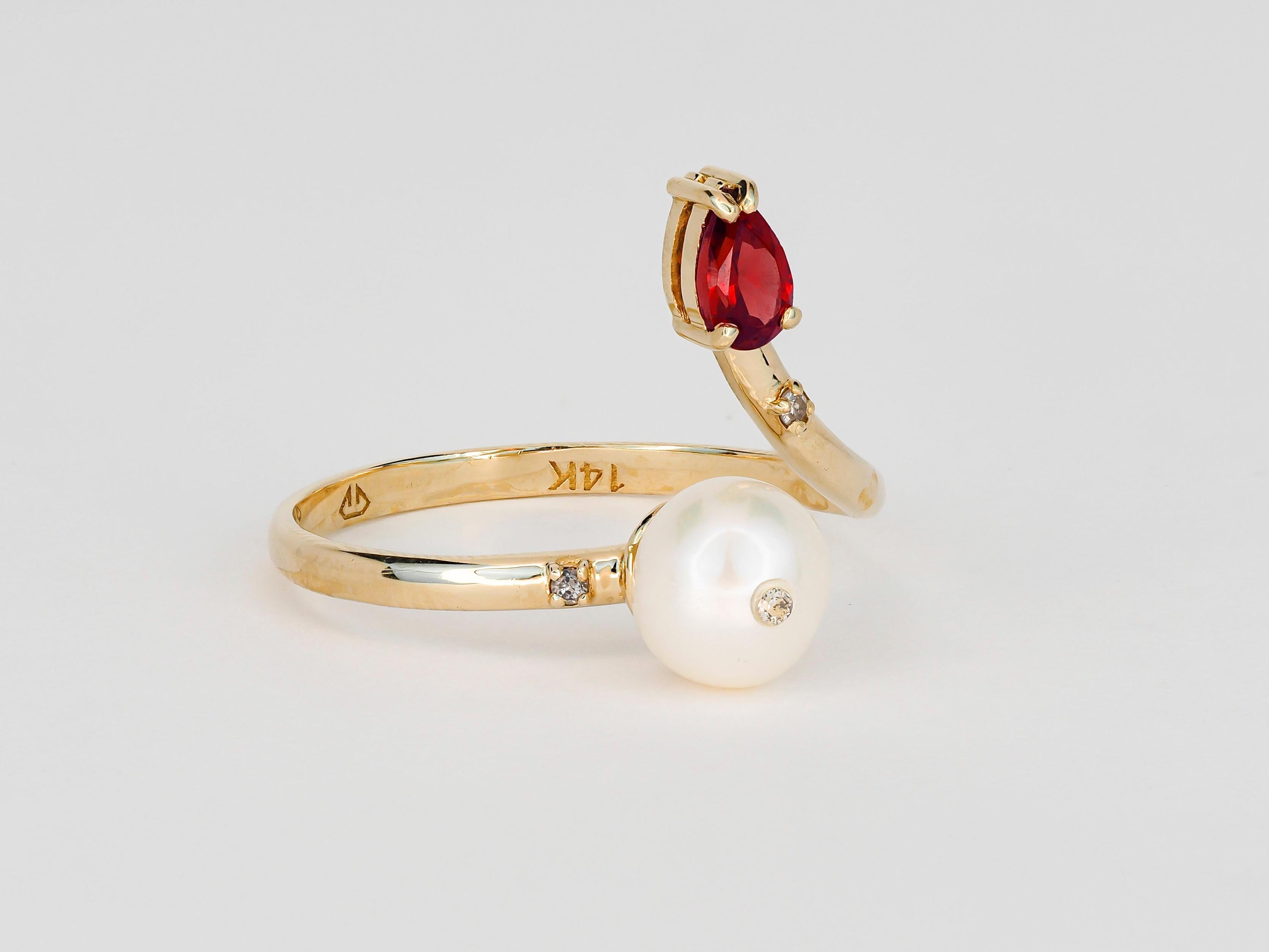 For Sale:  14k Gold Ring with Pearl, Ruby and Diamonds 9